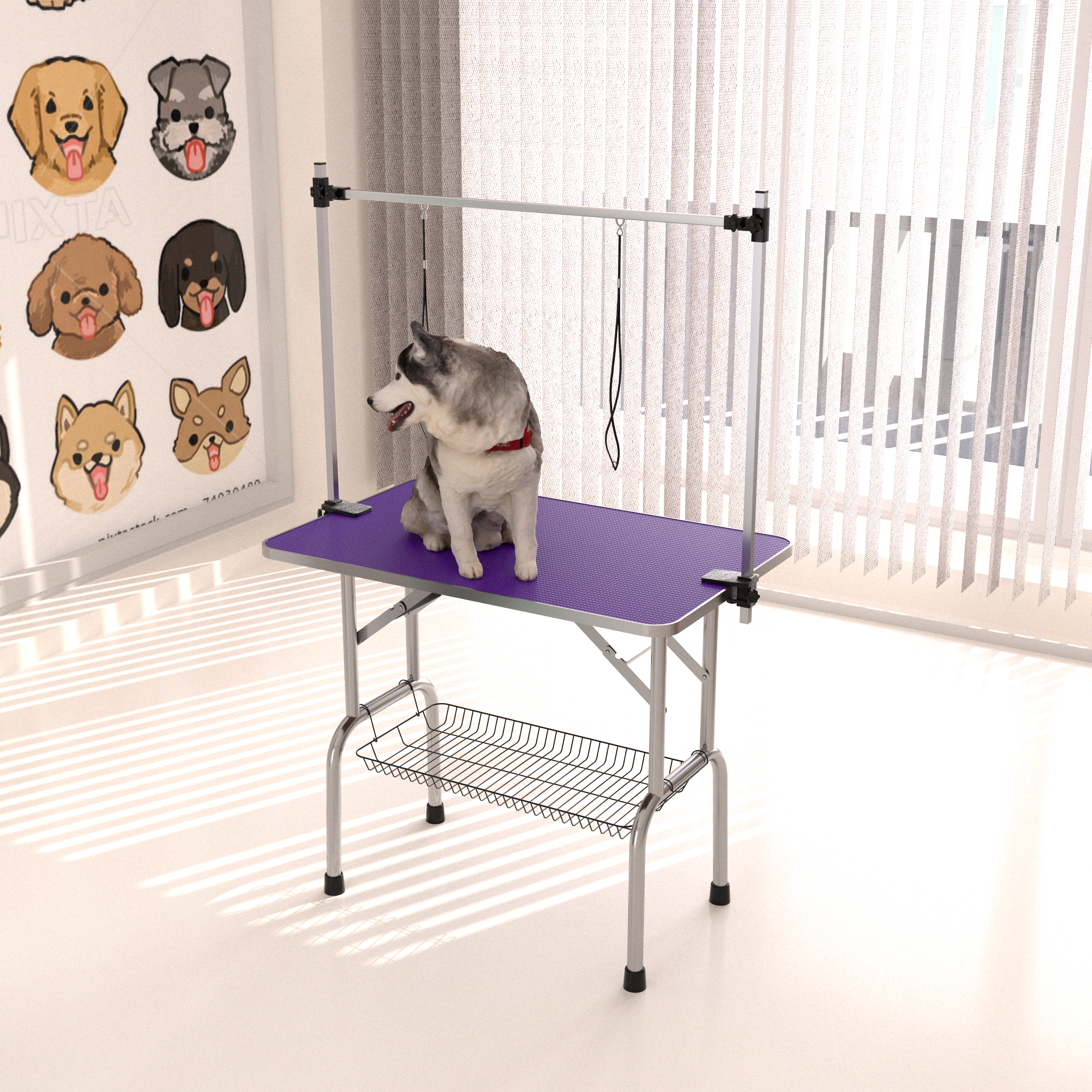 Mesa de aseo plegable para mascotas de 42 pulgadas, acero inoxidable, tapete de goma, púrpura