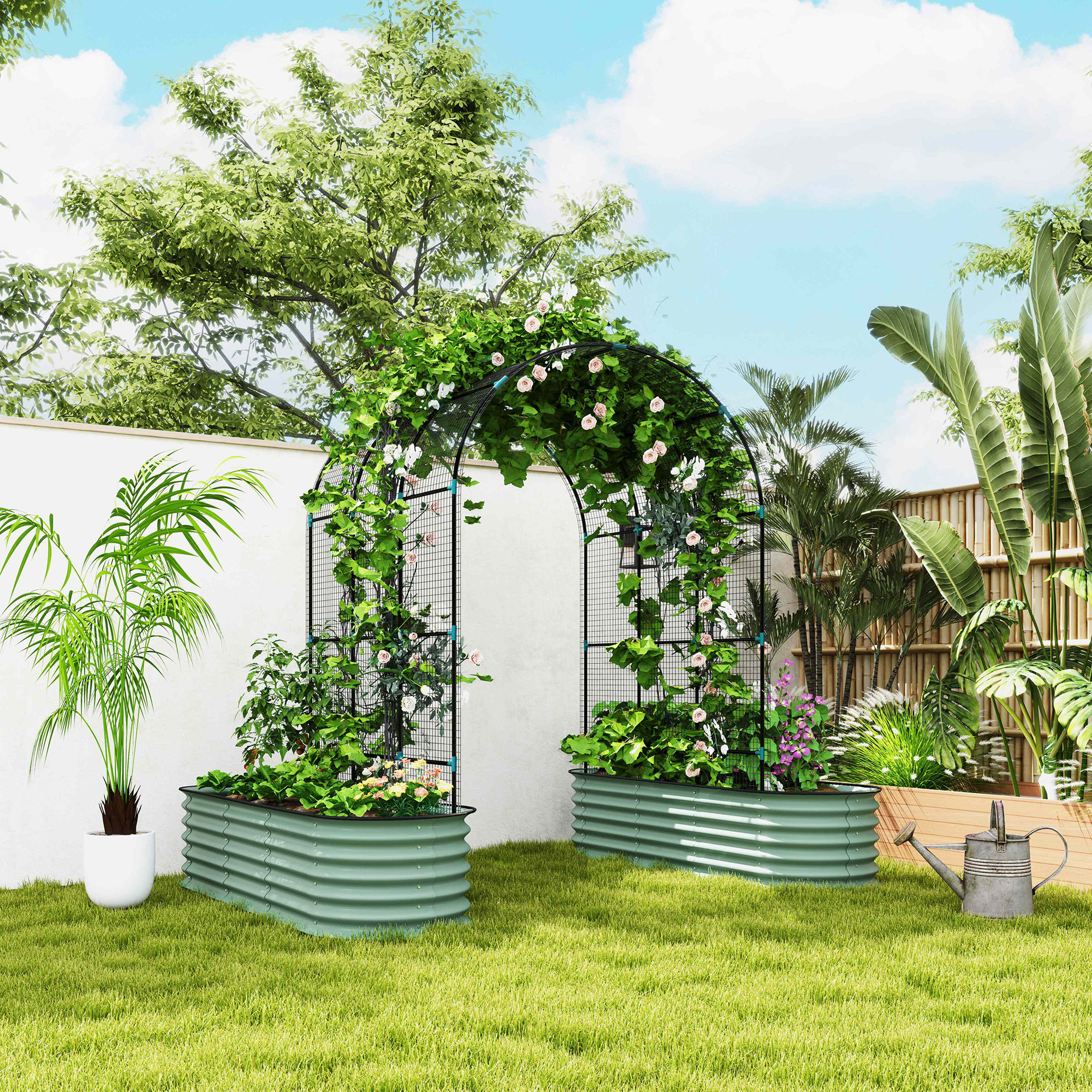 Set de camas de jardín elevadas con enrejado de arco, red y jardinera galvanizada