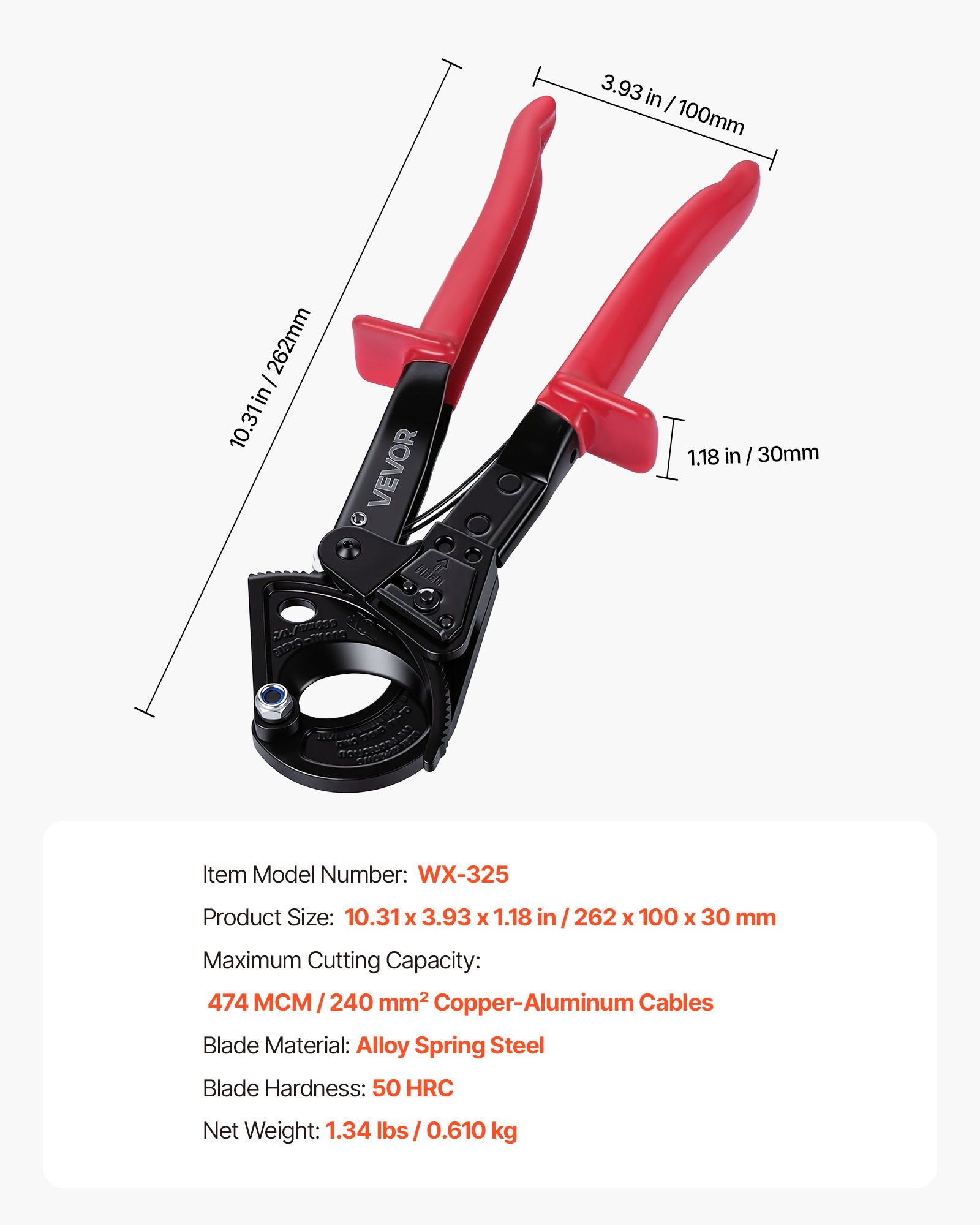 Cortacables de trinquete, cuchillas de acero, mangos PVC, para cables hasta 240 Mm².