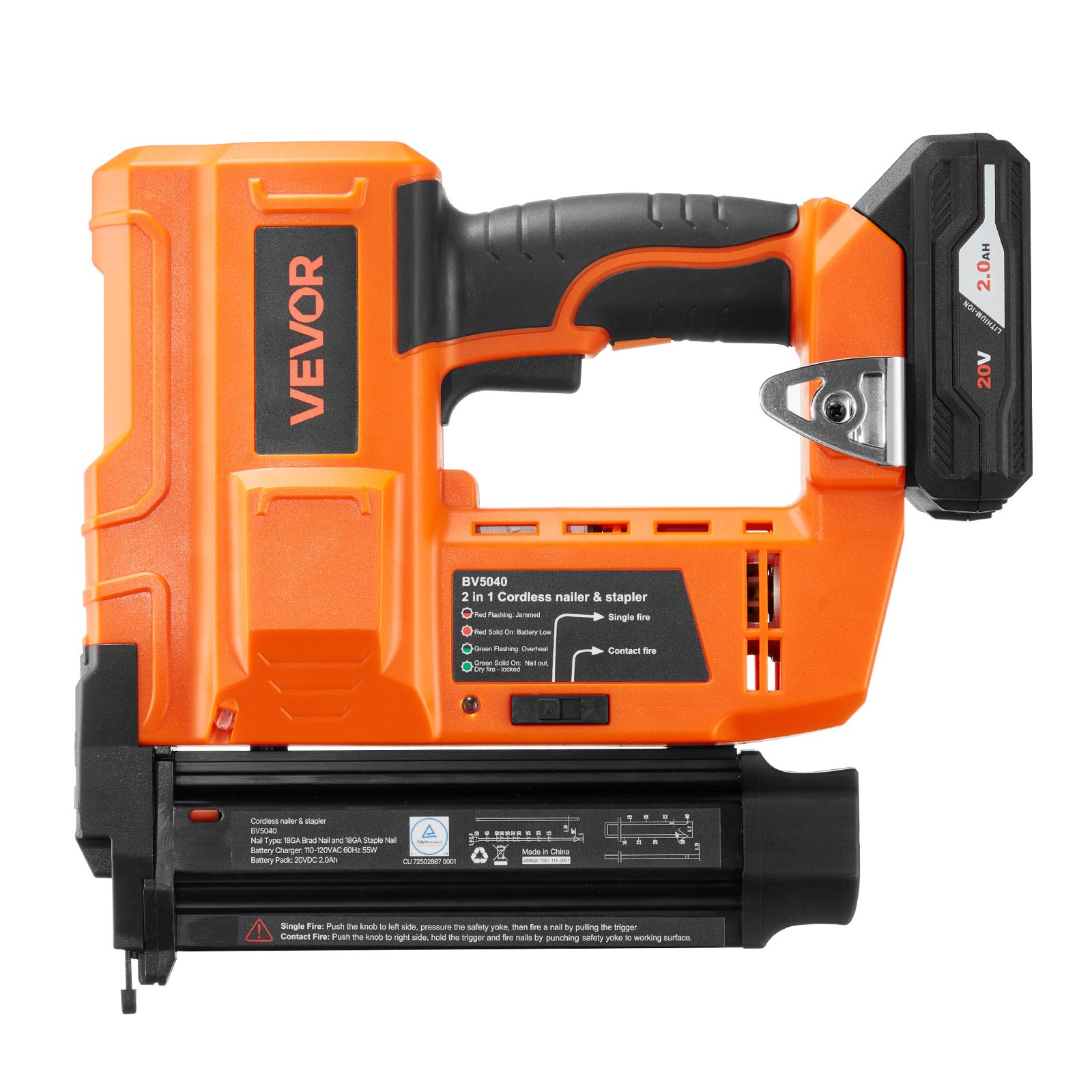 2-in-1 Cordless Brad Nailer, 18 Gauge, 20V Battery Powered Nail Gun And Staple Gun, With 500 Pcs Nails, 500 Pcs Staples, 2.0 Ah Li-ion Battery And Charger, For Home Improvement, Woodworking