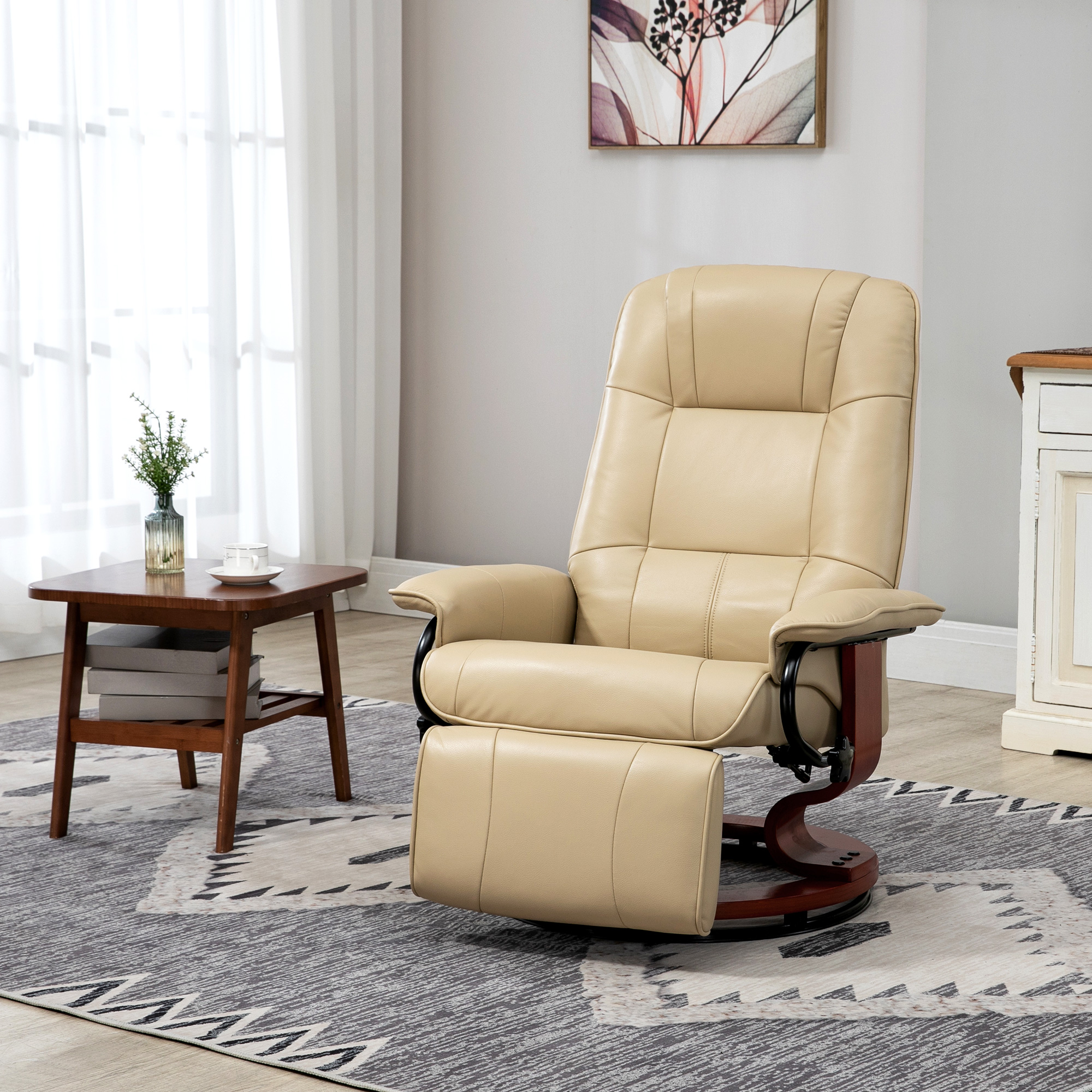Swivel Recliner Chair, PU Leather Reclining Armchair with Retractable Footrest, Lounge Chair with Wood Base and Adjustable High Back for Small Spaces, Living Room, RV, Bedroom, Cream White