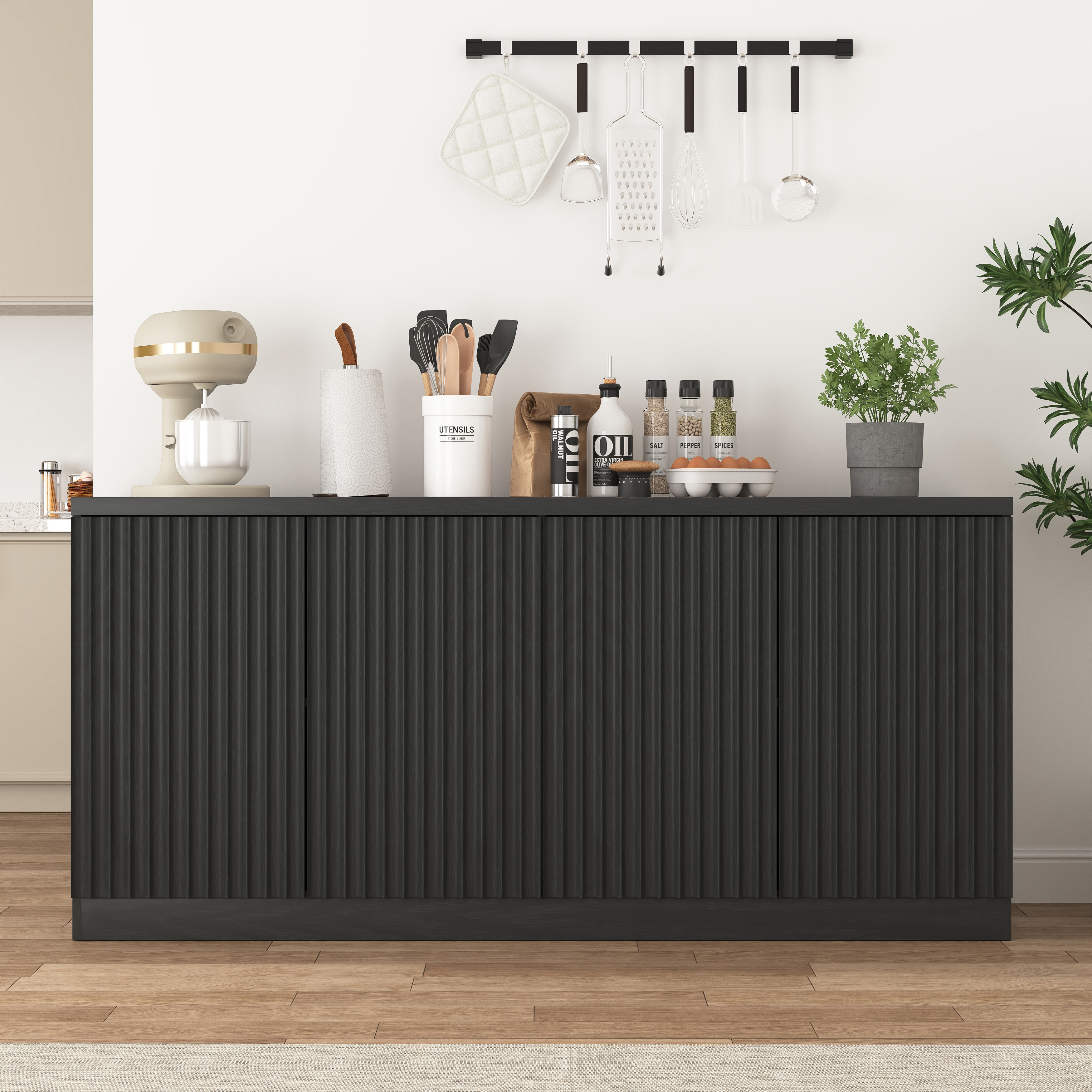 Black Buffet Cabinet with Storage, 62.60" Sideboard Cabinet with 4 Doors & Shelves, Wooden Kitchen Coffee Bar Credenza Storage for Living Room, Hallway
