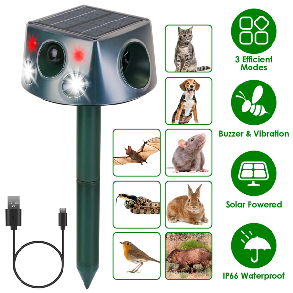Ahuyentador de animales recargable solar y Tipo-C, 3 modos, IP66 impermeable, 2200 mAh