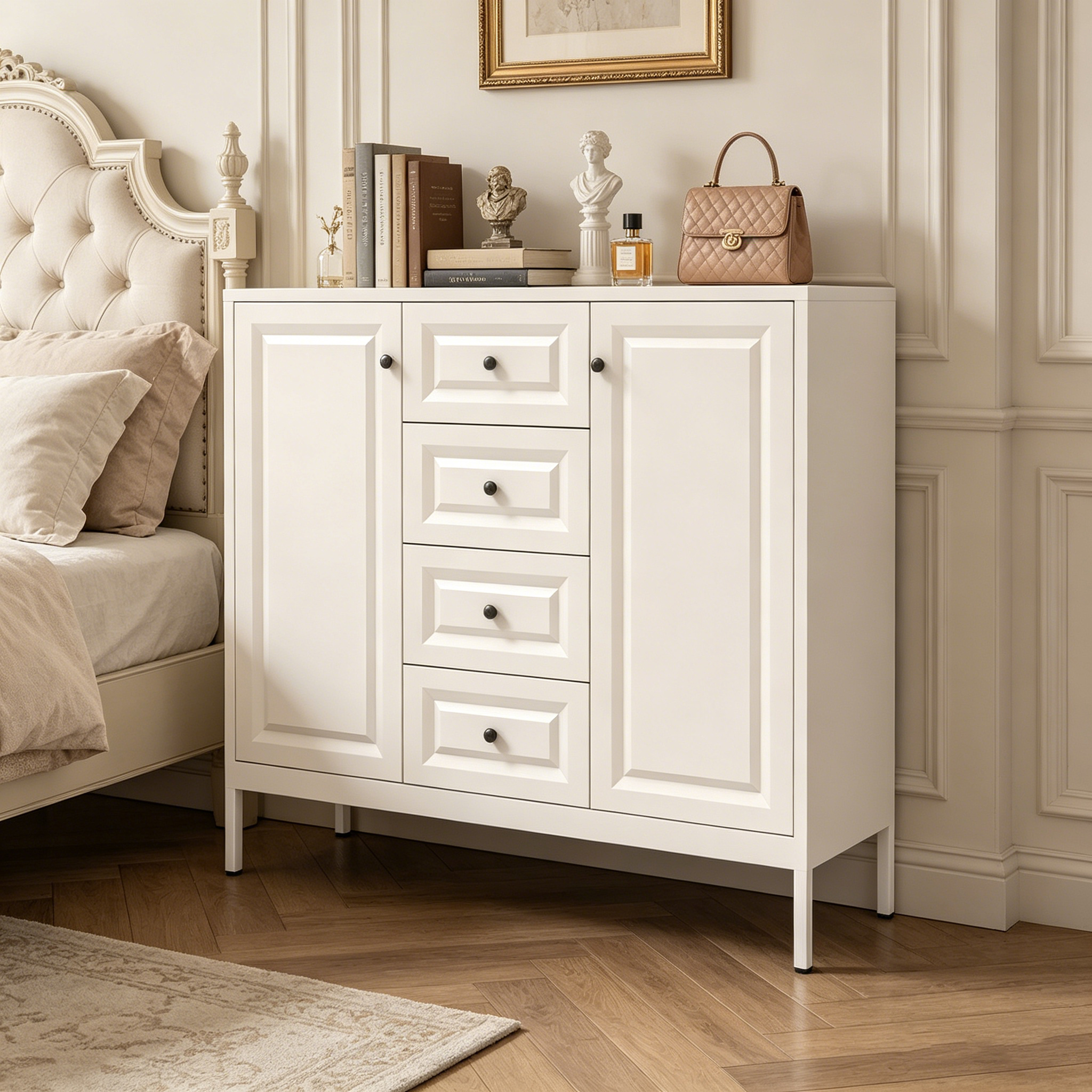 40.16 Storage Sideboard Buffet Cabinet, Freestanding Accent Cabinet With 4 Drawers & 2 Doors, Adjustable Shelves Console Cabinet For Living Room, Kitchen ,Entryway ,Hallway ,Laundry Room Beige