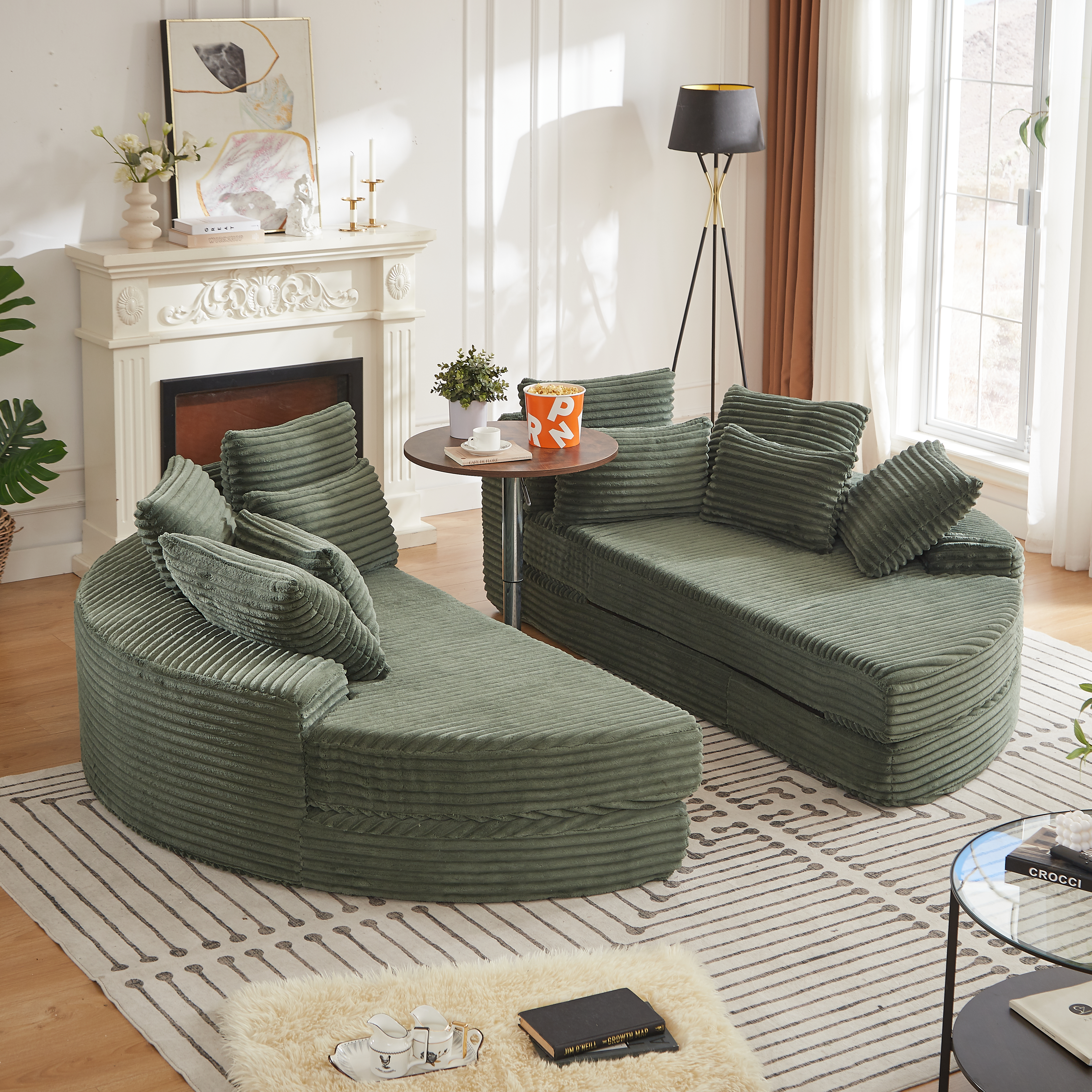Sillón reclinable redondo de pana de 78.5 pulgadas, sofá cama 2 en 1, con 5 cojines