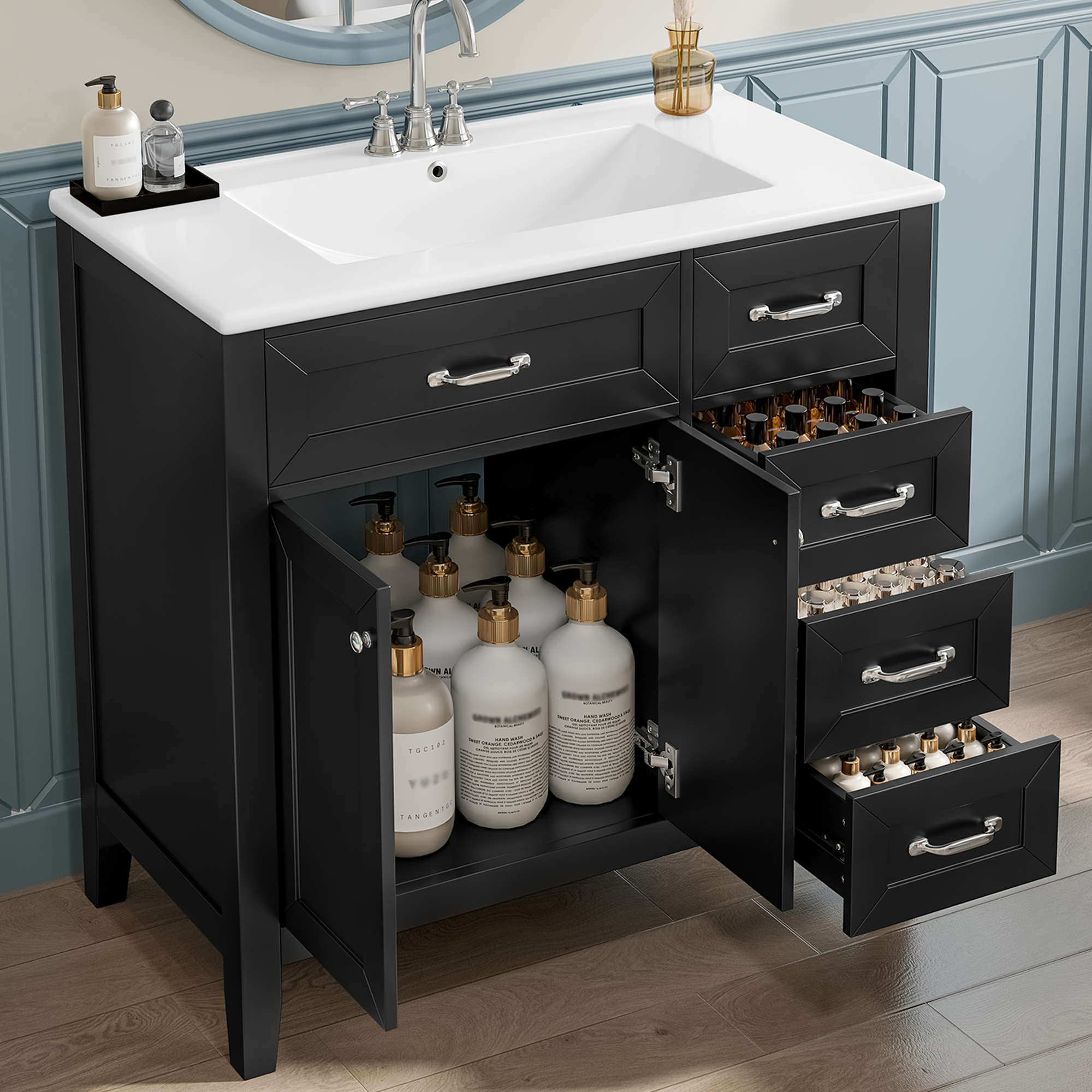 36  Bathroom Vanity With Sink Combo, Black Bathroom Cabinet With Drawers, Solid Frame And MDF Board