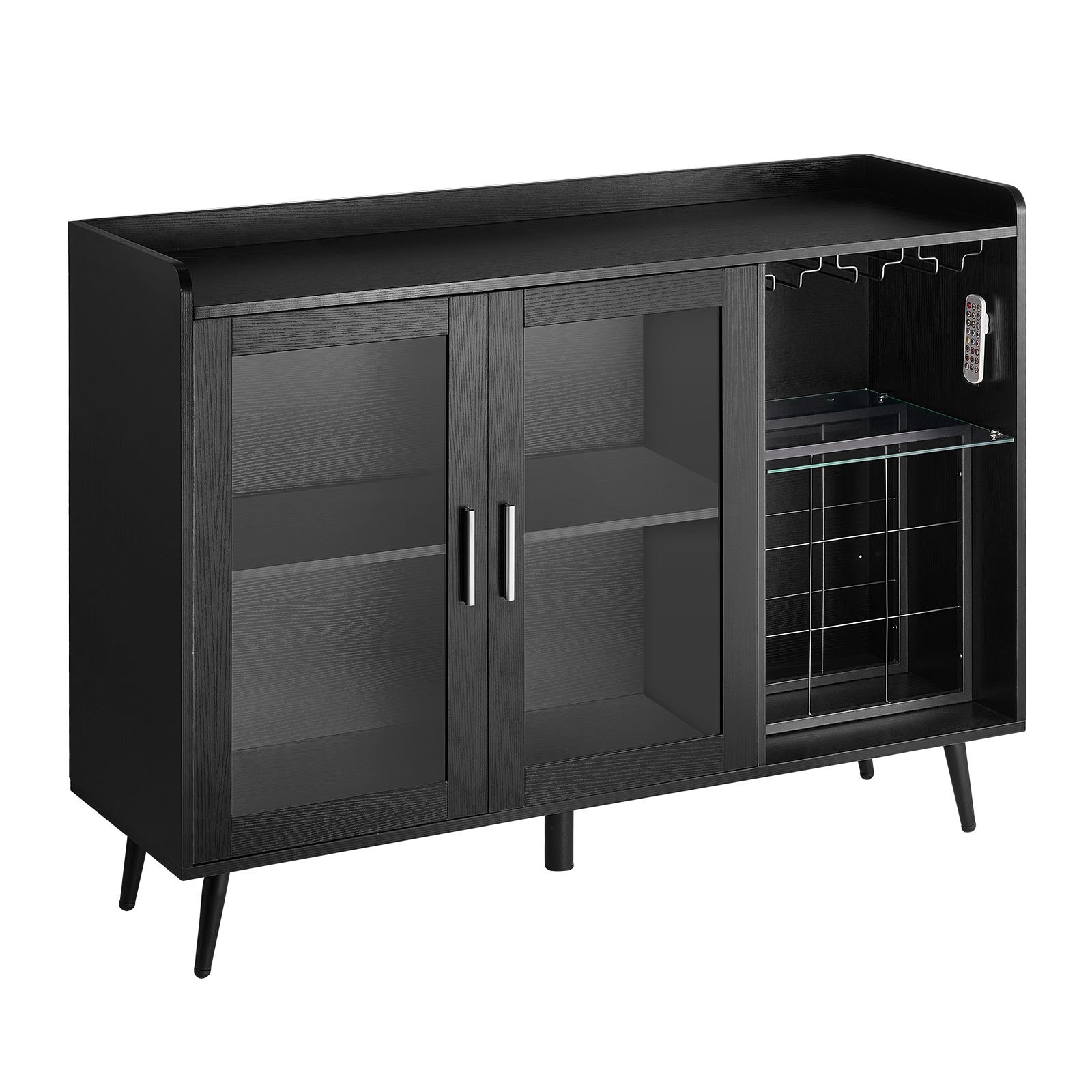 Gabinete para vinos y bar de café, 9 botellas, estante para copas, LED ajustable