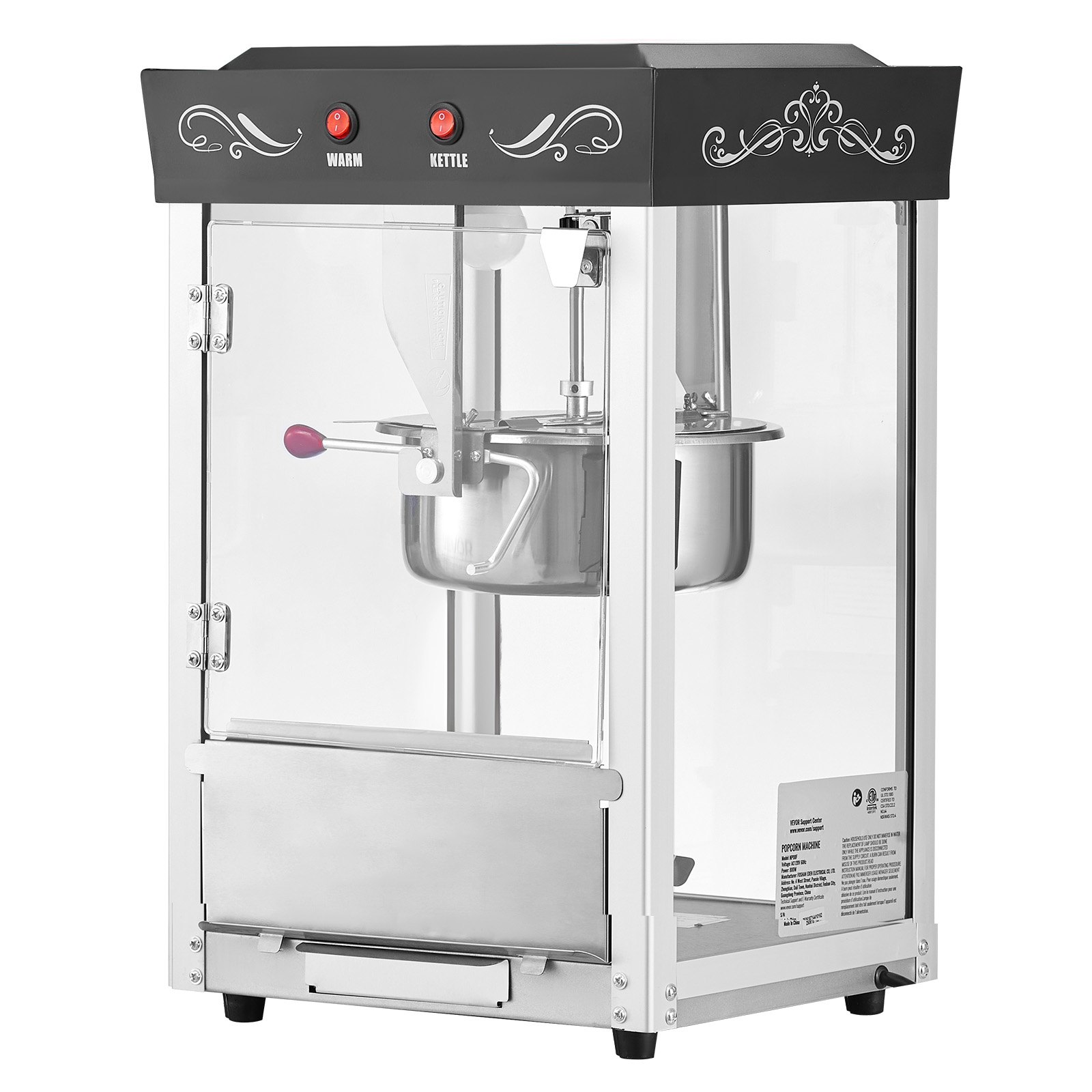 Popcorn Machine, 8oz Stainless Steel Kettle, 800W Commercial Countertop Popcorn Maker, 48 Cups Per Batch Theater Style Popper, With 2-Button Control Glass Wall PC Door 1 Scoop 3 Spoons, Black