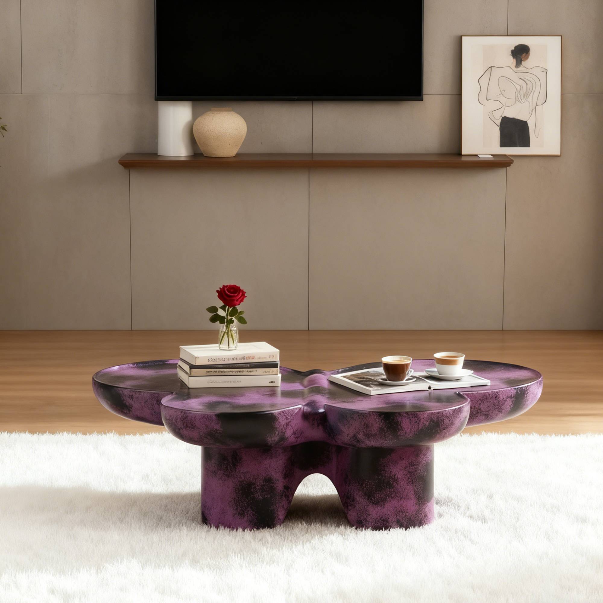 Mesa de centro moderna con textura de travertino sintético, morado y negro