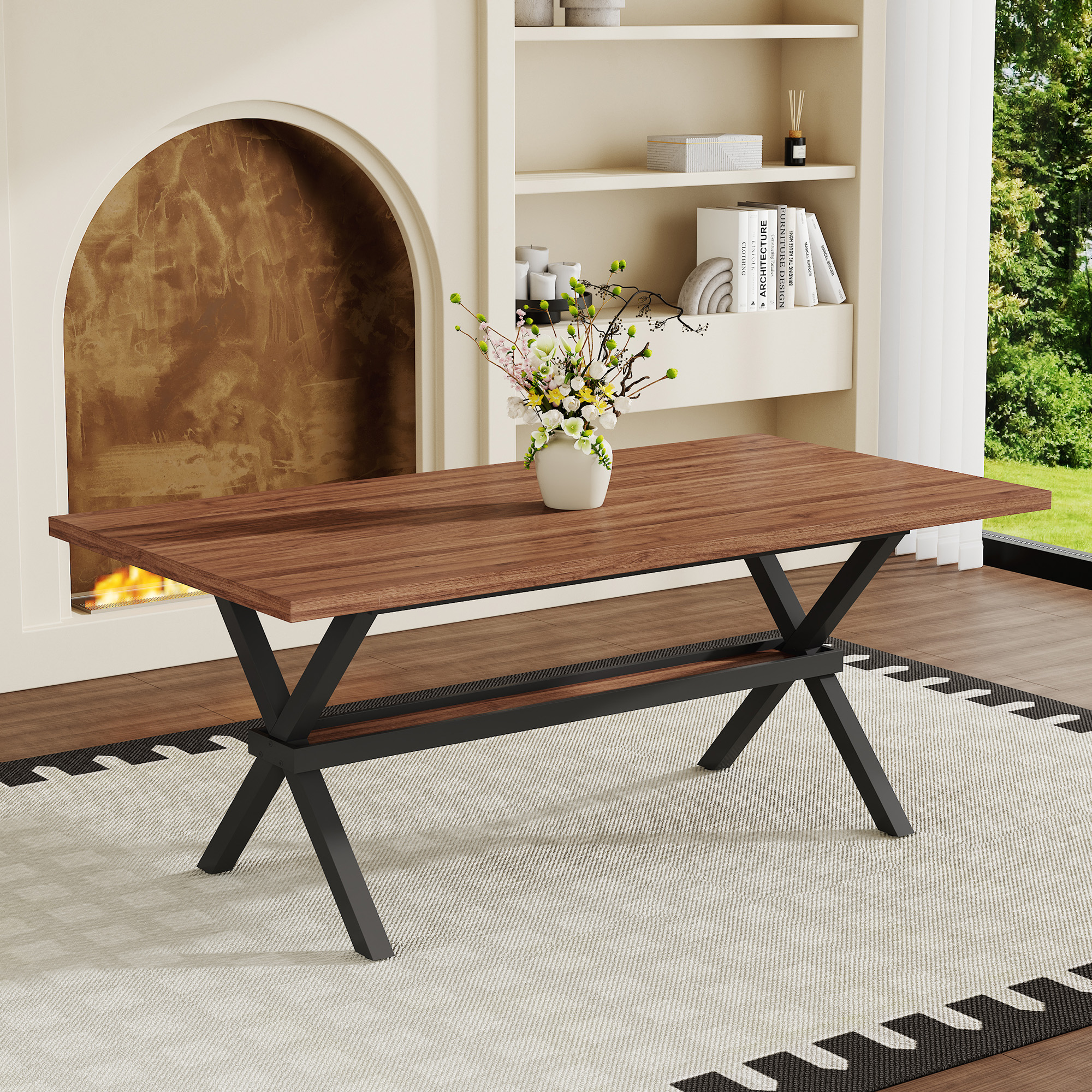 71 X35.4 Inch Walnut MDF Splicing Desktop With X-shaped Metal Frame Dining Table. Modern Industrial Style Multifunctional Dining Table For Household Dining, Suitable For 6-8 People.