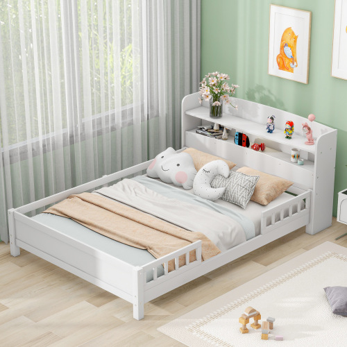 Cama de plataforma matrimonial de madera con luz LED, cabecera y barandilla blanca