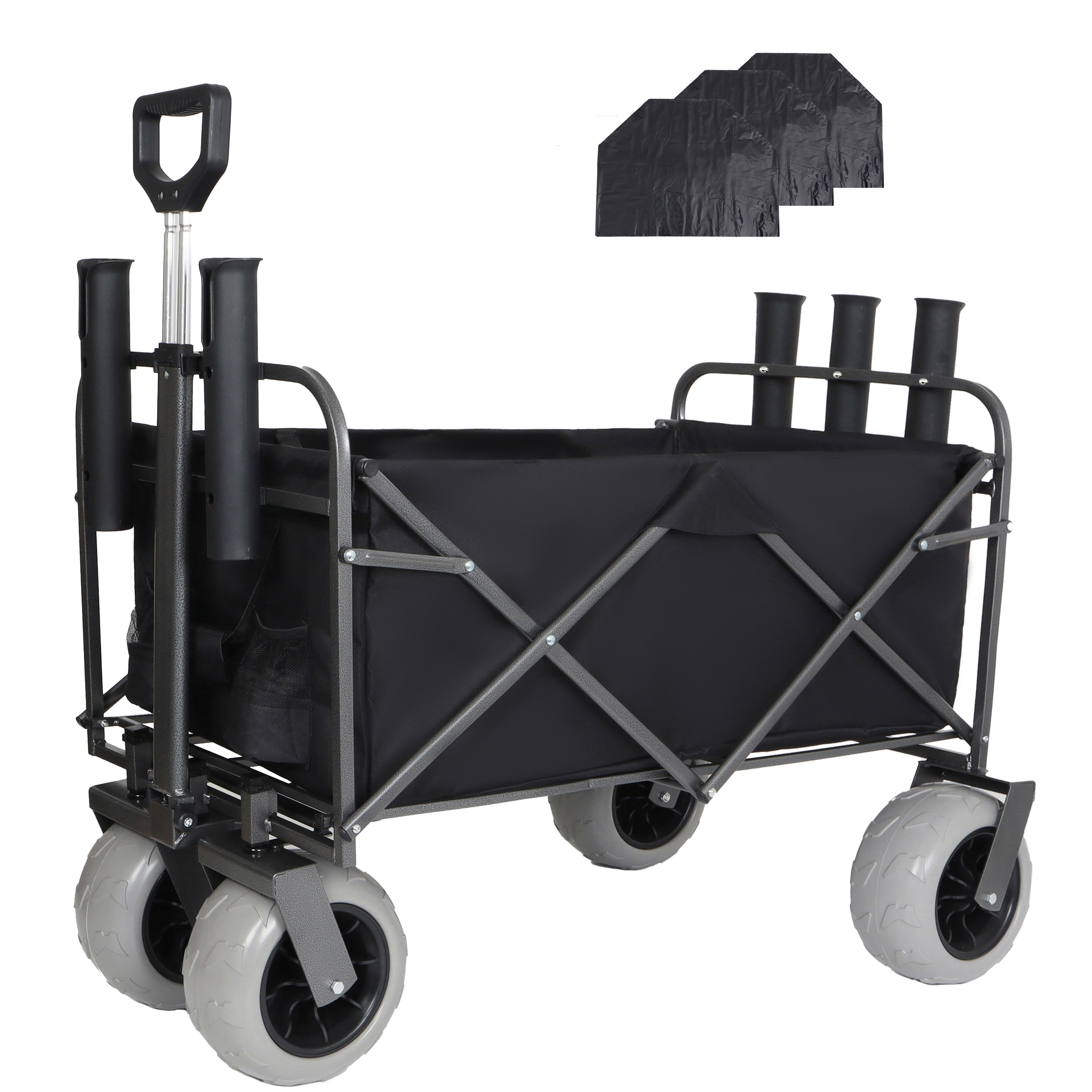 Fishing Cart With Rod Holders Beach Wagon With Big Wheels For Sand 500lbs Capacity -  All Terrain Steel Frame Utility Cart With 9  Pneumatic Tires Strap With Multiuse Bag Black