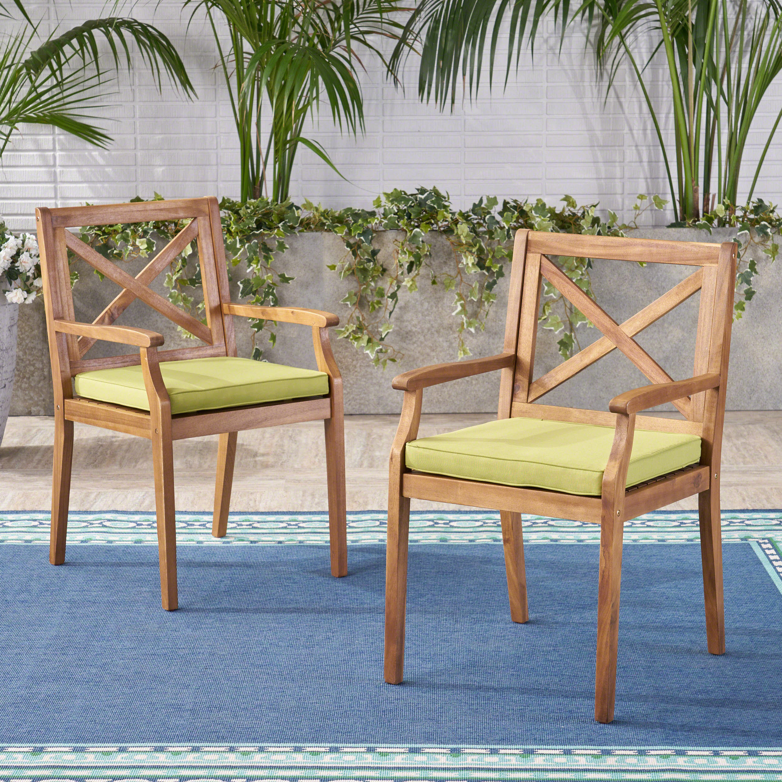 PERLA DINING CHAIR,2PCS With 2 Green Cushions,for Backyard, Poolside, Garden