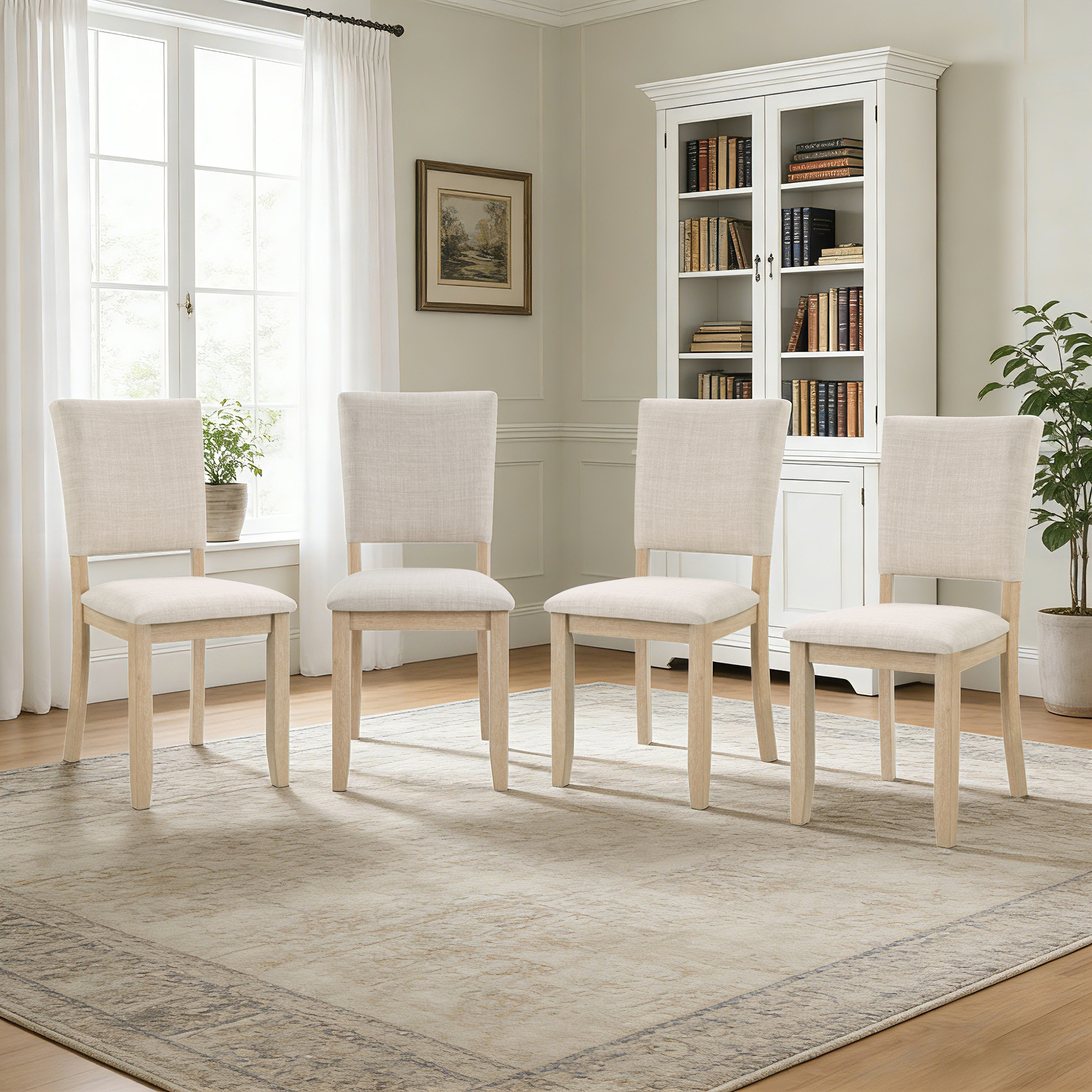 Dining Chairs Only, Modern Minimalist Dining Chairs Set of 4, Kitchen Chair with Padded Seat, Wooden  Upholstered Side Chair for Dining Room, Living Room, Kitchen, Light Oak & Beige