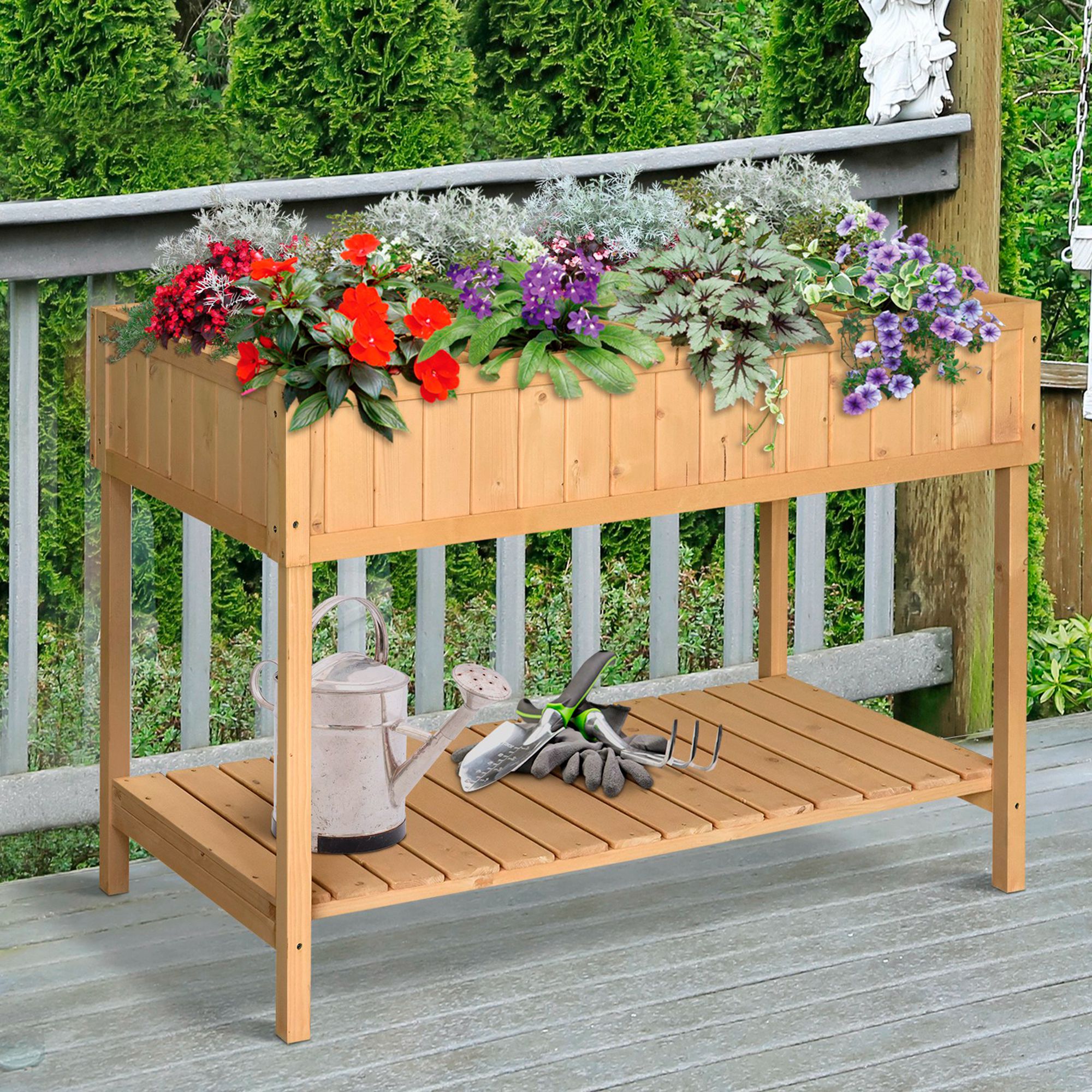 43x18x30in Raised Garden Bed with 8 Pockets and Shelf, Wooden Elevated Planter Box with Legs to Grow Herbs, Vegetables, and Flowers, Natural