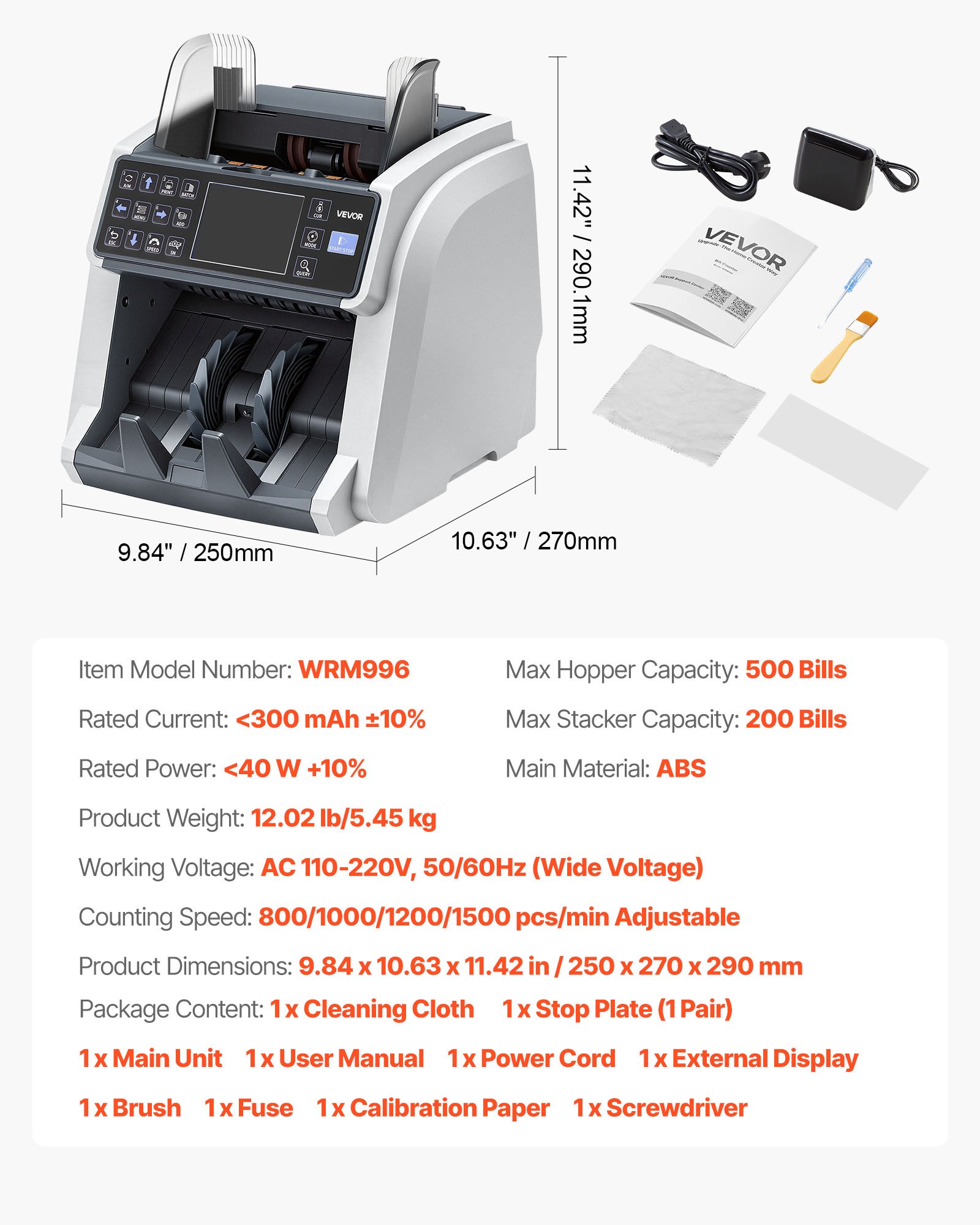 Money Counter Machine, Mixed Denomination Bill Cash Counter With CIS/UV/MG/IR/DD/DBL/HLF/CHN Counterfeit Detection, Multi-Currency Support,  Money Counting Machine With External Display