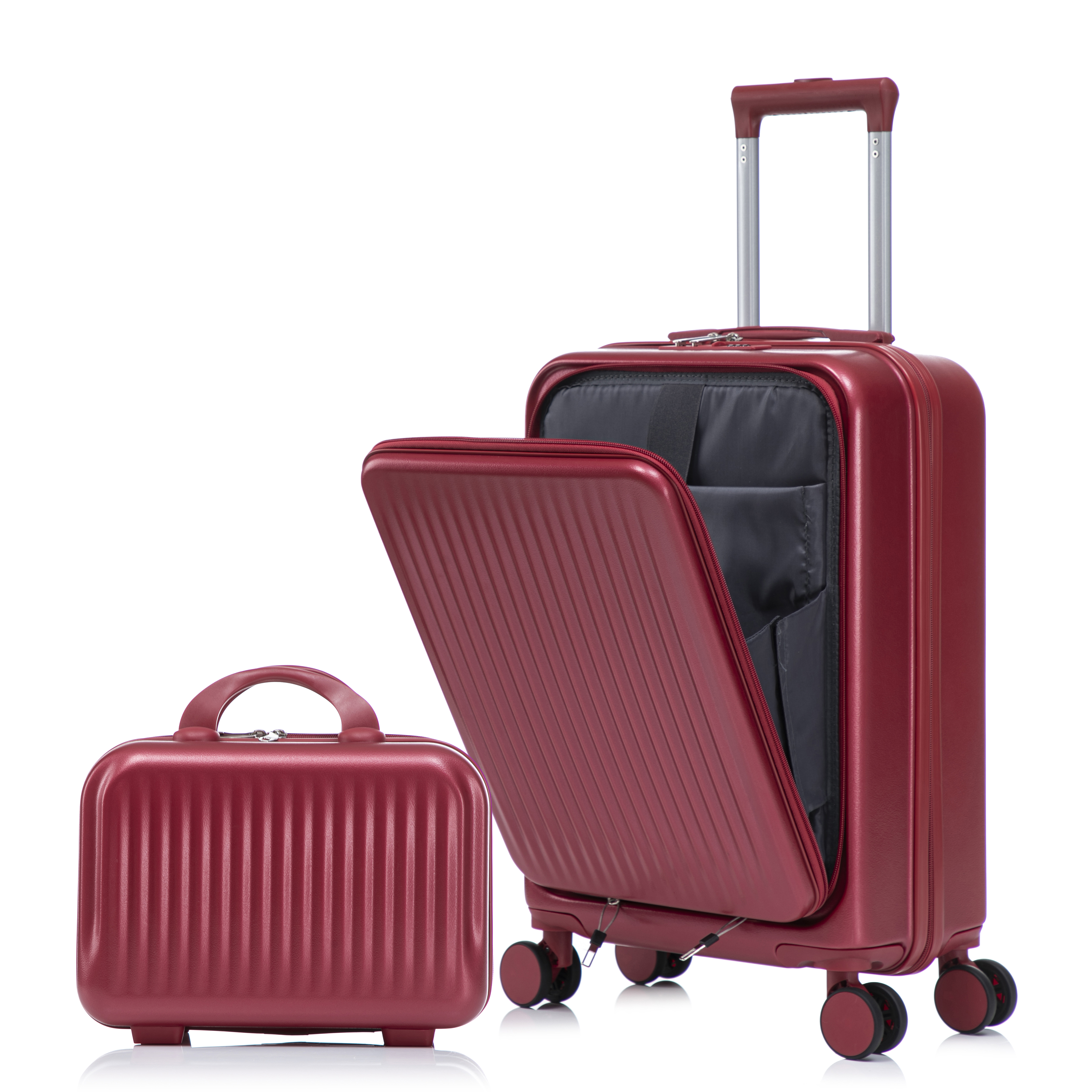 14-20 2 Pcs Set In ABS Spinner Wheel Luggage, With Combination Lock And Front Opening Design, 14 Cosmetic Case Red