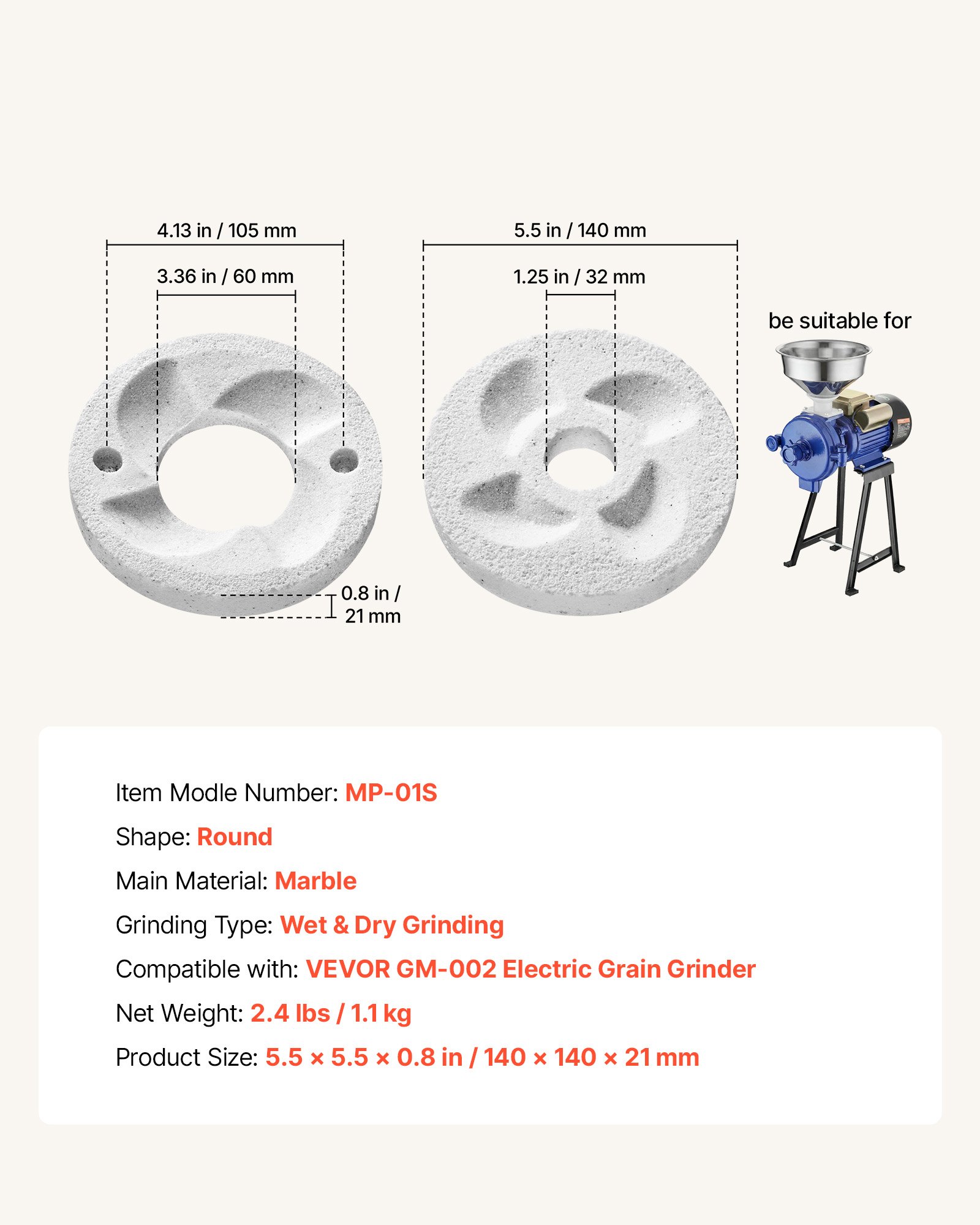 2PCS Grinding Sheets For Electric Grain Mill Grinder, Marble Dry & Wet Grinding Discs, Replacement Grinding Plates Compatible With GM-002 Corn Spice Mill Grinder