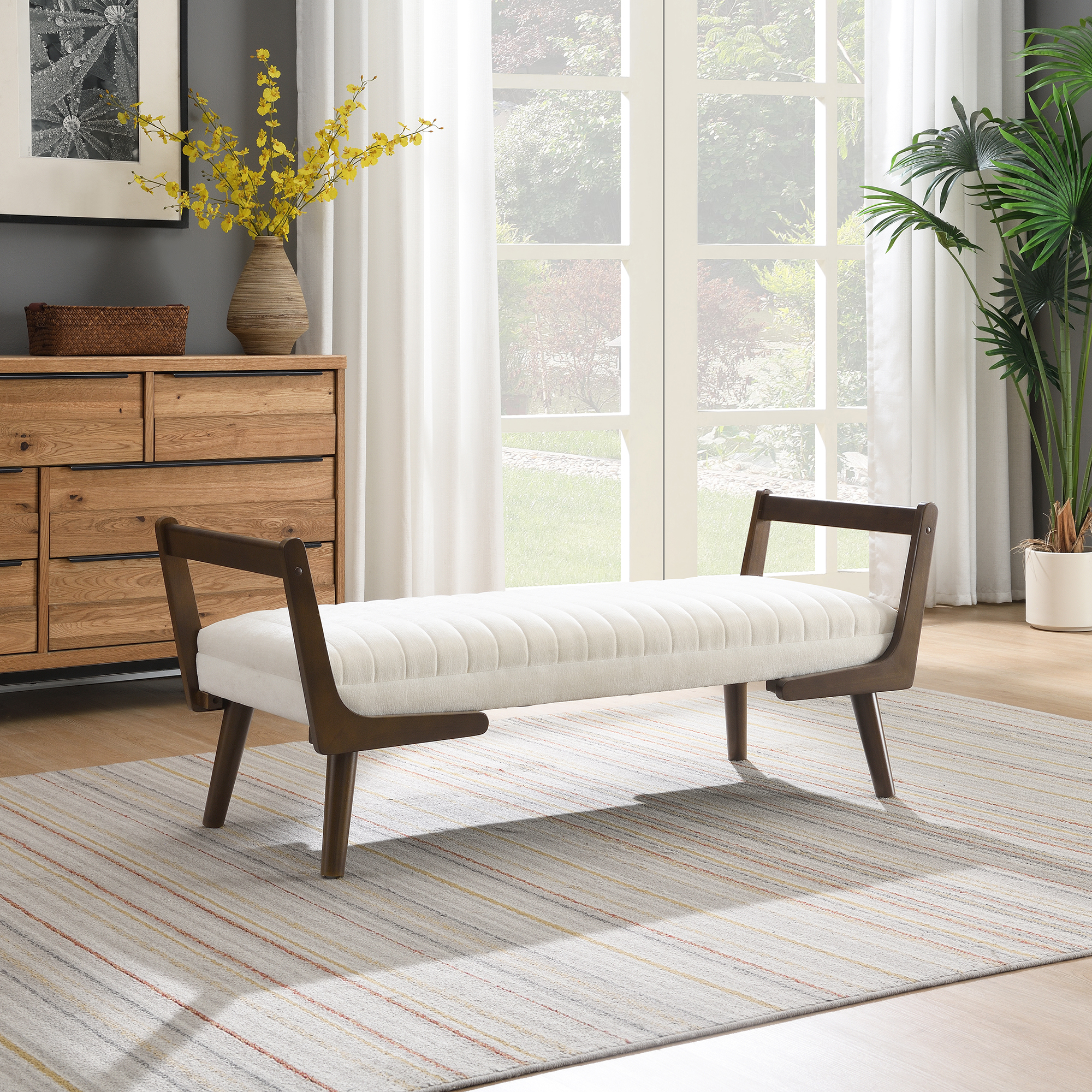 52  Mid Century Bench With Walnut Wood Leg,Channeled Upholstered Footrest Stool For Kitchen, Living Room, Bedroom, Entryway, End Of Bed. Chenille Fabric Beige
