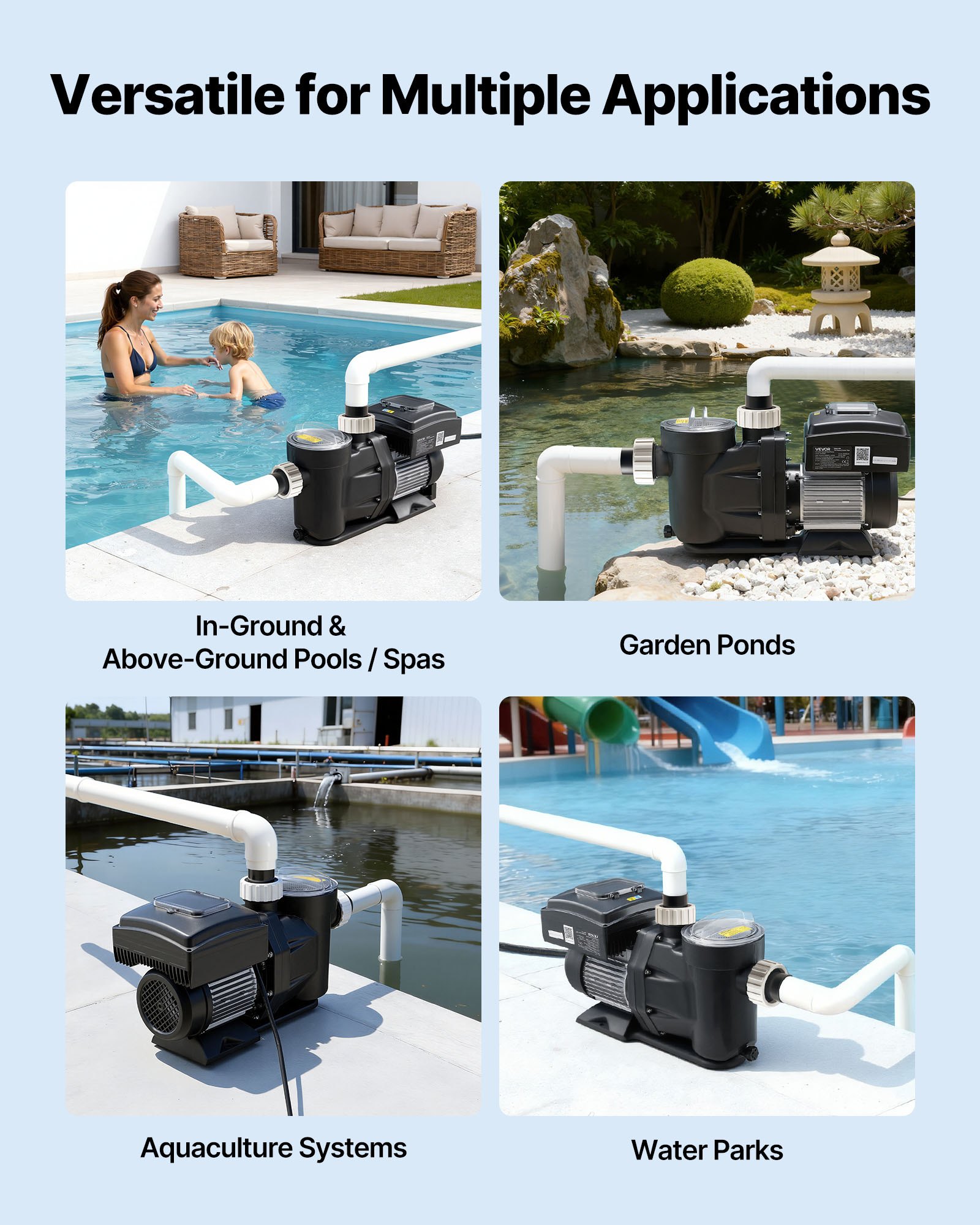 Bomba de piscina de velocidad variable, 1.5 HP, 115 GPM, con cesta de filtro