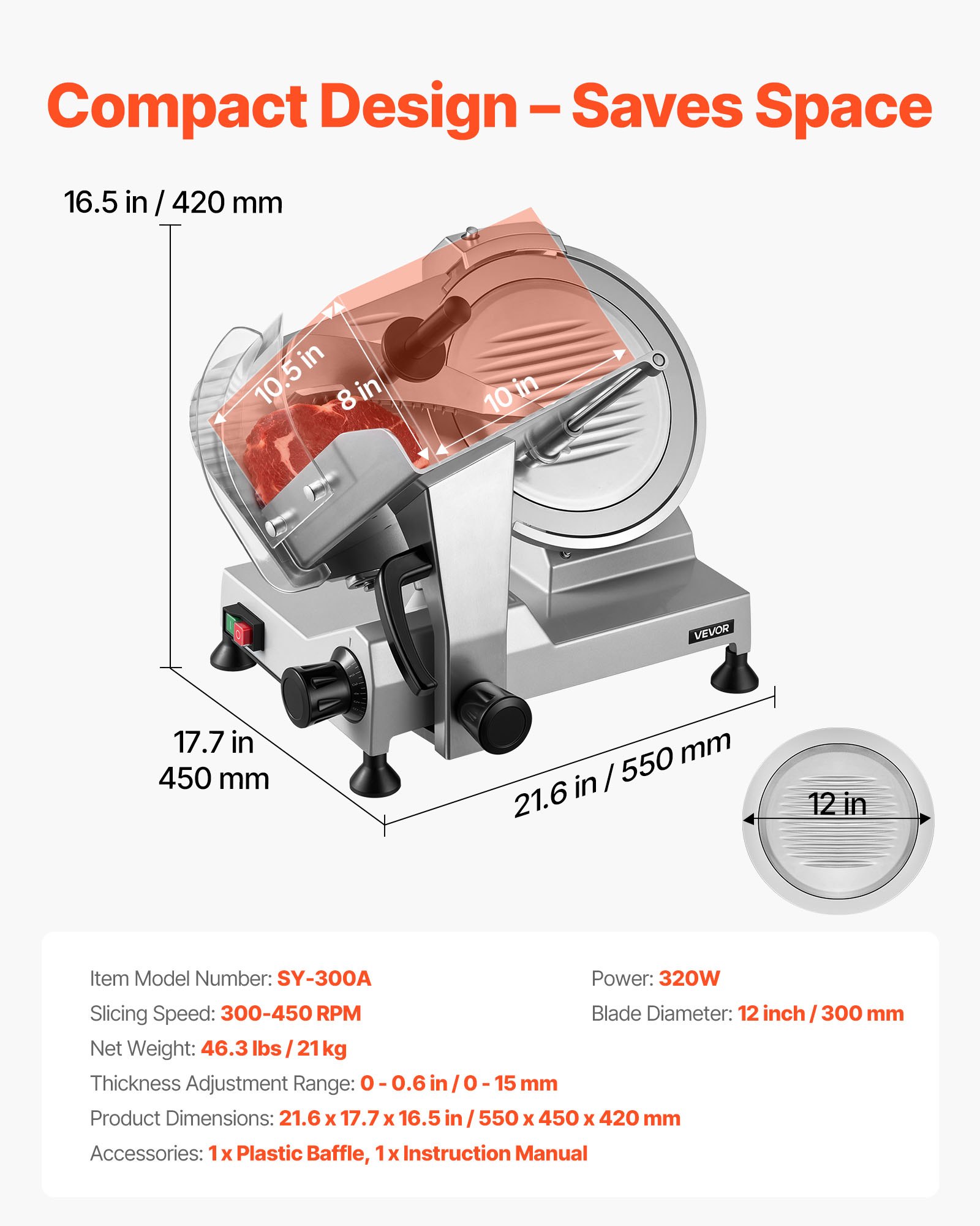 Commercial Meat Slicer, 320W Electric Deli Food Slicer With 12" Carbon Steel Blade, Built-In Sharpener & 0-0.6" Adjustable Thickness For Frozen Meat, Ham, Baguett, Steak, UL Approved