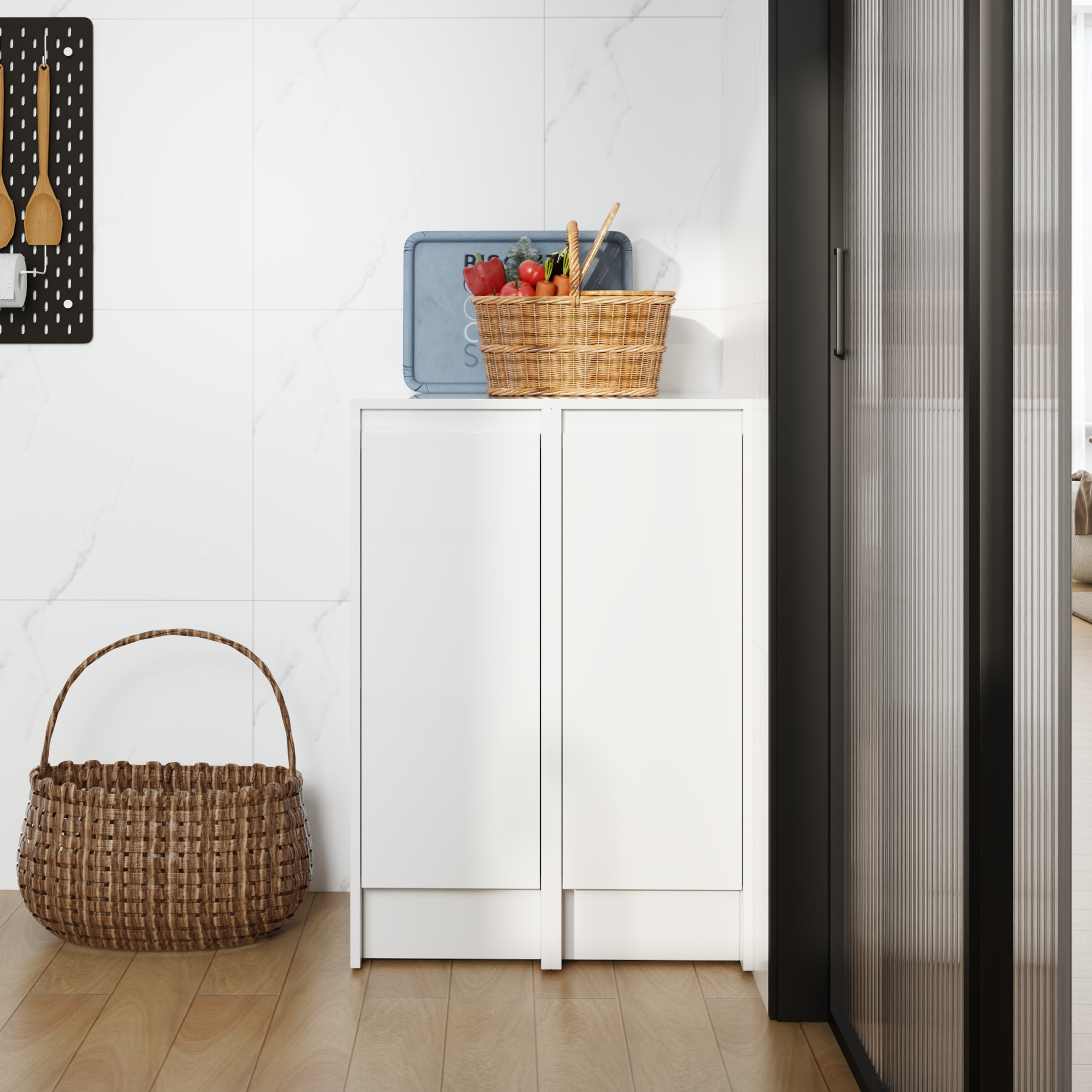 24  Freestanding Bathroom Storage Cabinet, Soft Close Doors, Glossy White, Plywood, KD-Packing, 12  X2 Combination  Suitable For Bathroom, Kitchen, Study Room, Bedroom, Etc