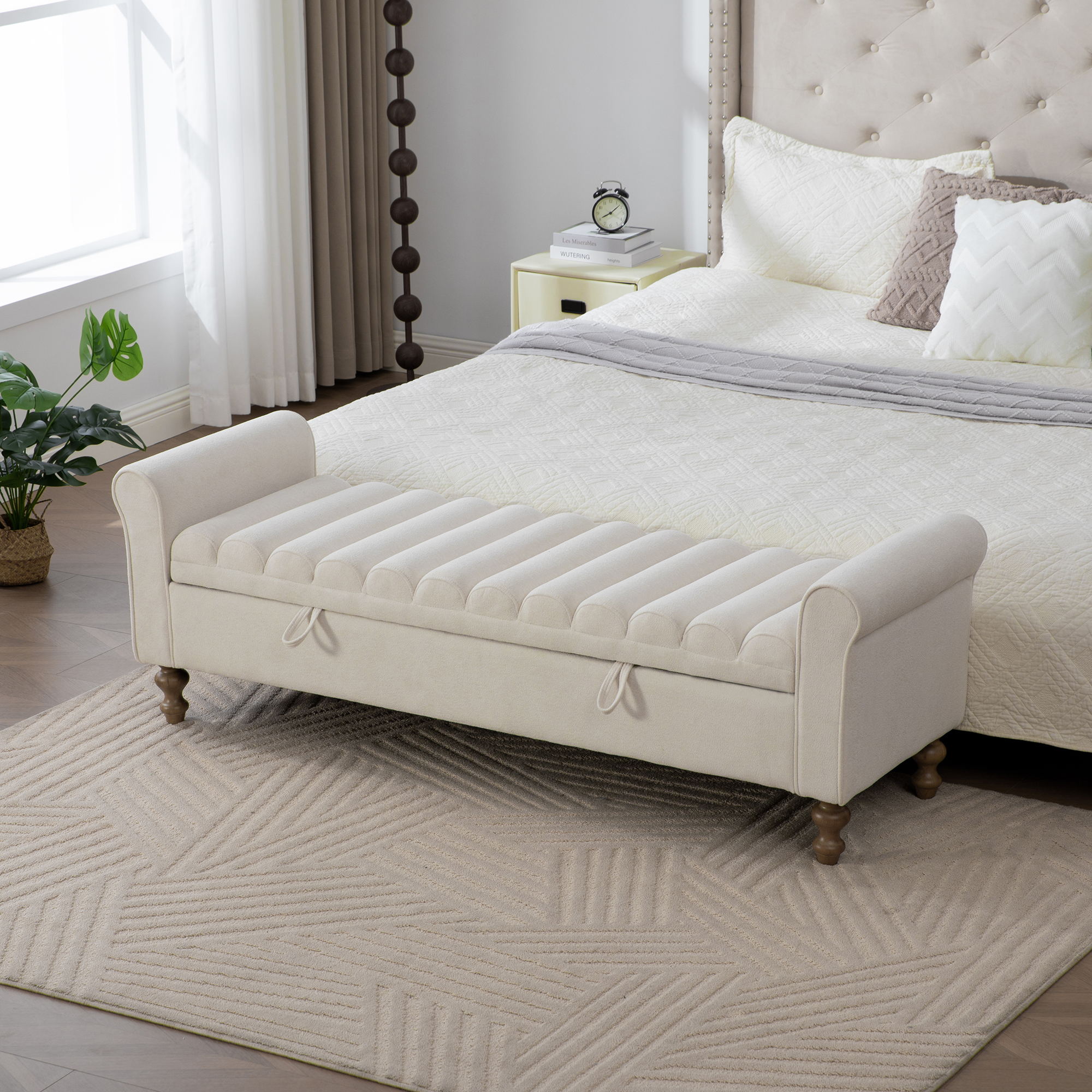 65.55" Wide Modern Upholstered  Storage Bench , Napped fabric Bed End Foot Stool With Rolled Armrest, Bench Daybed With Rubberwood Legs For Living Room, Entryway, Dormitory, Bedroom,Beige