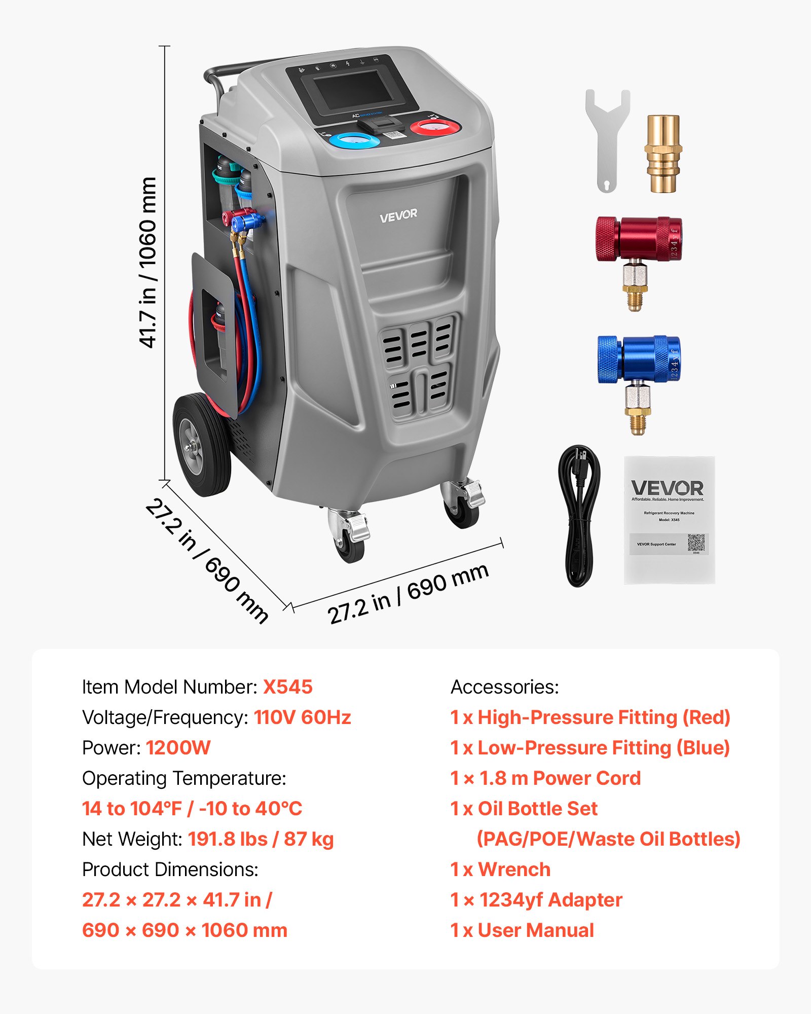 Fully Automatic Refrigerant Recovery Machine For 1234yf, ≥98.5% Accuracy, 7-Inch Touch Screen, AC Recovery, Vacuum, And Recharging Machine For Standard And High Voltage Automotive A/C Systems