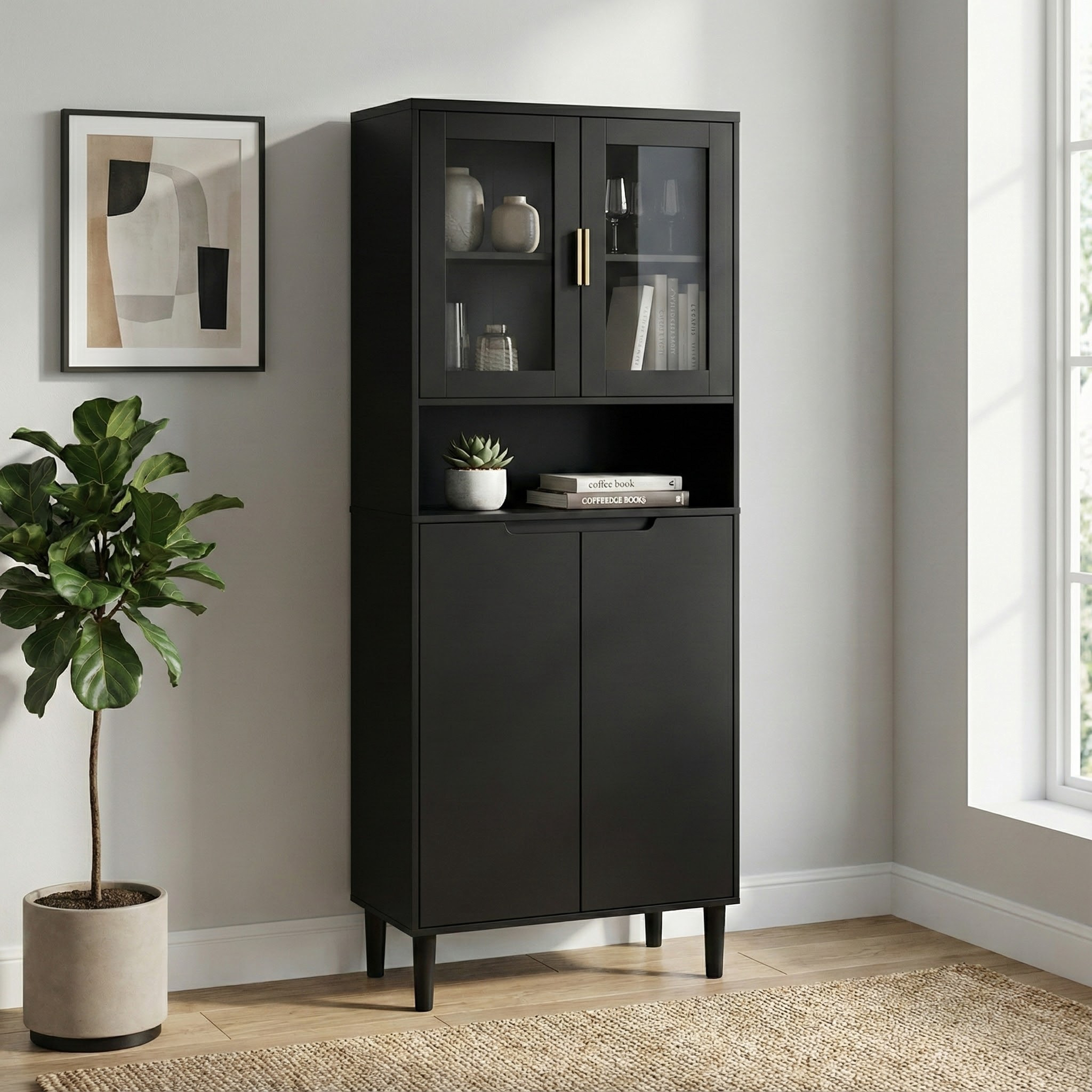 Librero alto con puertas de vidrio templado, 4 puertas, MDF, estante ajustable, negro.