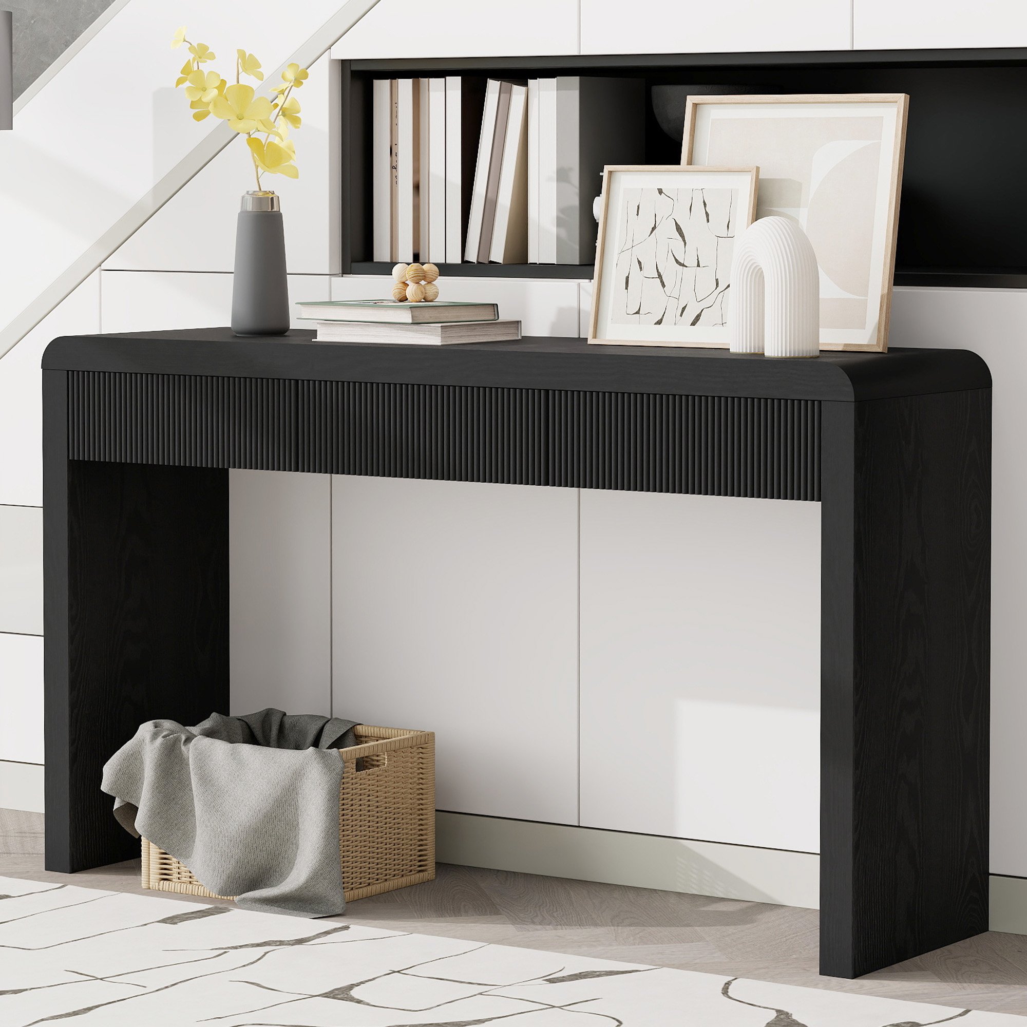 TREXM Rustic Console Table With 3 Fluted Drawers - Solid Wood Veneer Entryway Table Featuring Natural Wood Grain For Living Room  Hallway  Black