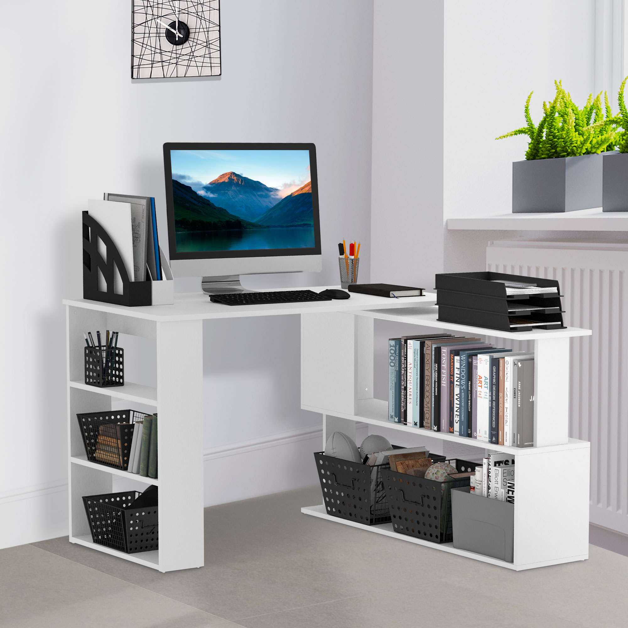 L Shaped Corner Desk, 360 Degree Rotating Home Office Desk with Storage Shelves, Writing Table Workstation, Maple