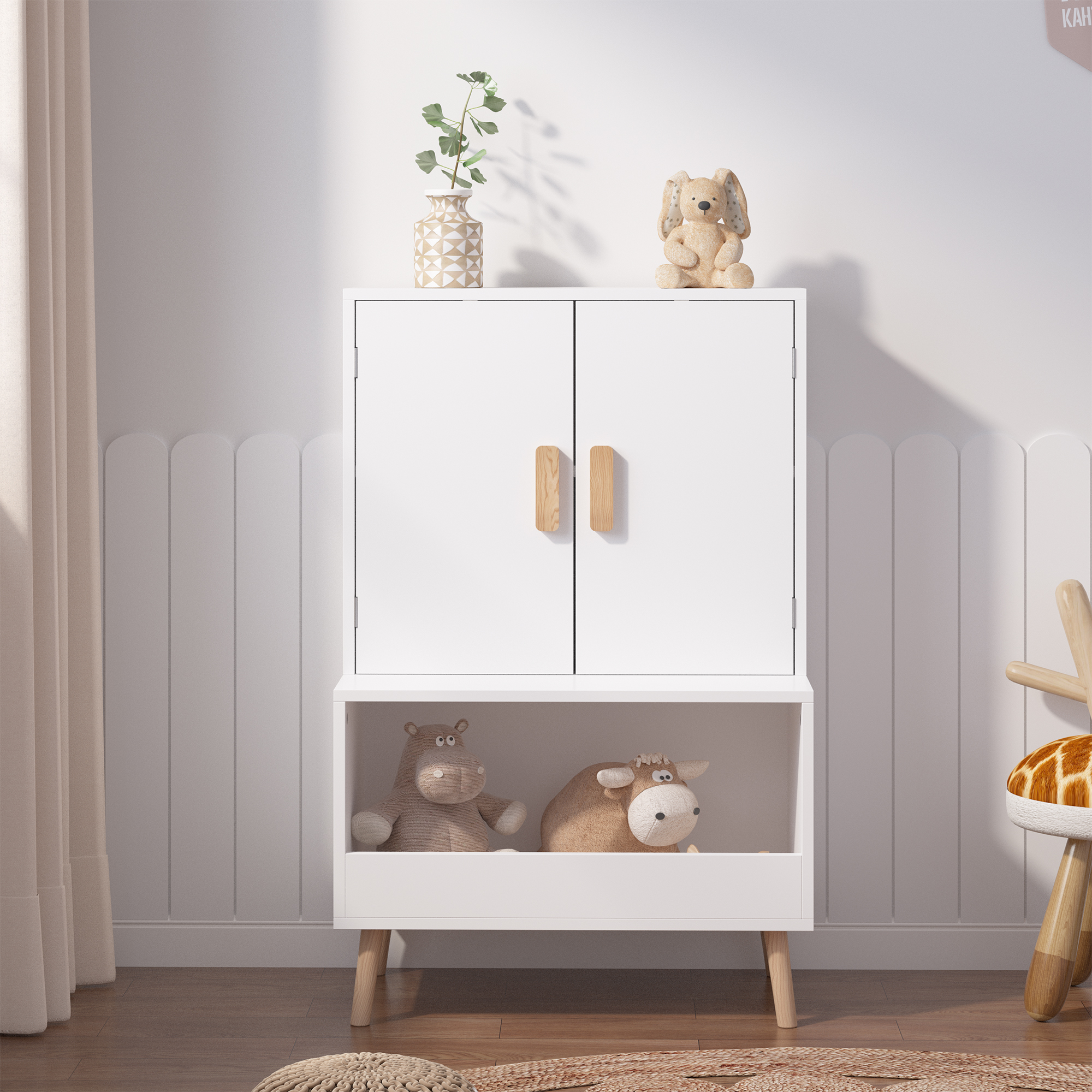 Armario de almacenamiento de juguetes con puertas y estante abierto, madera blanca