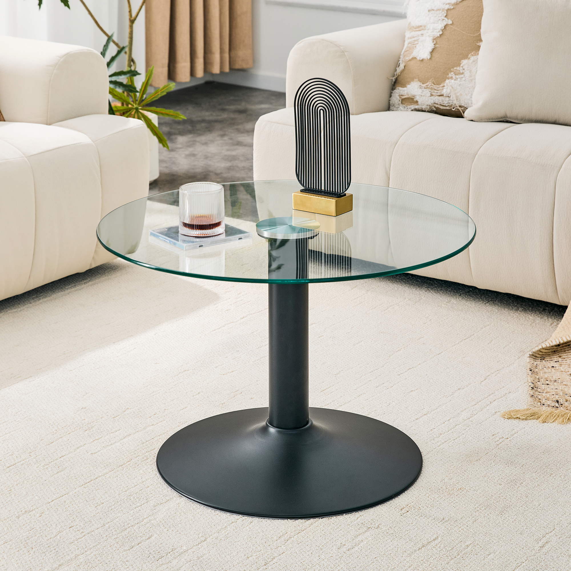 Mesa de centro redonda de vidrio templado de 27.5 pulgadas, base de metal negro