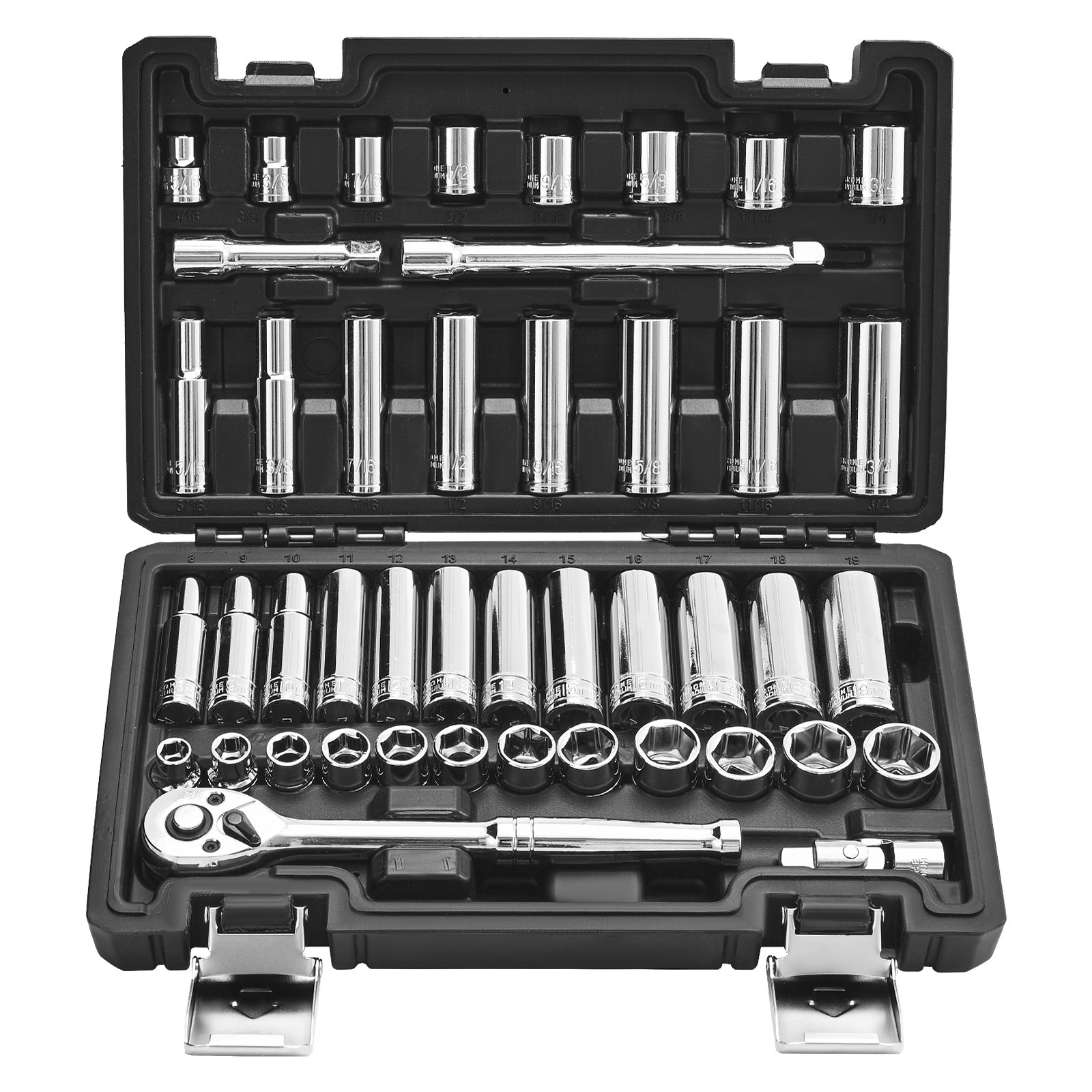 Juego de dados y matraca de 3/8 pulgadas, 44 piezas, SAE y métrico, CR-V, con estuche