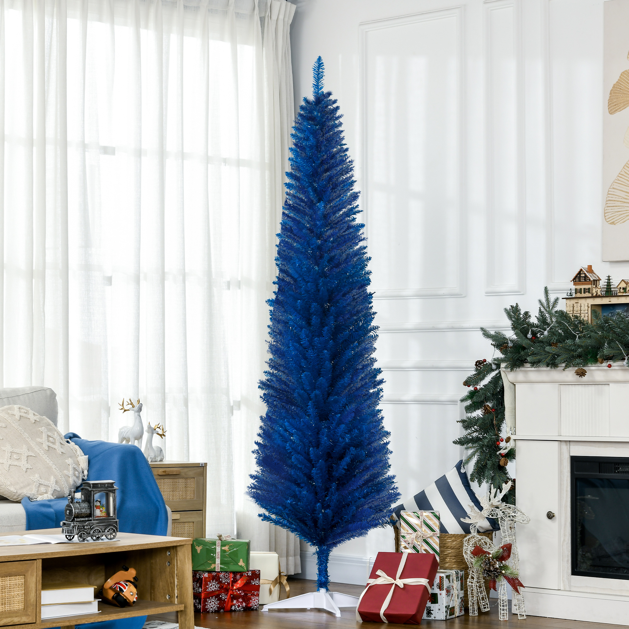 Árbol de Navidad decorado tipo lápiz de 7 pies, 499 puntas, base de plástico, azul