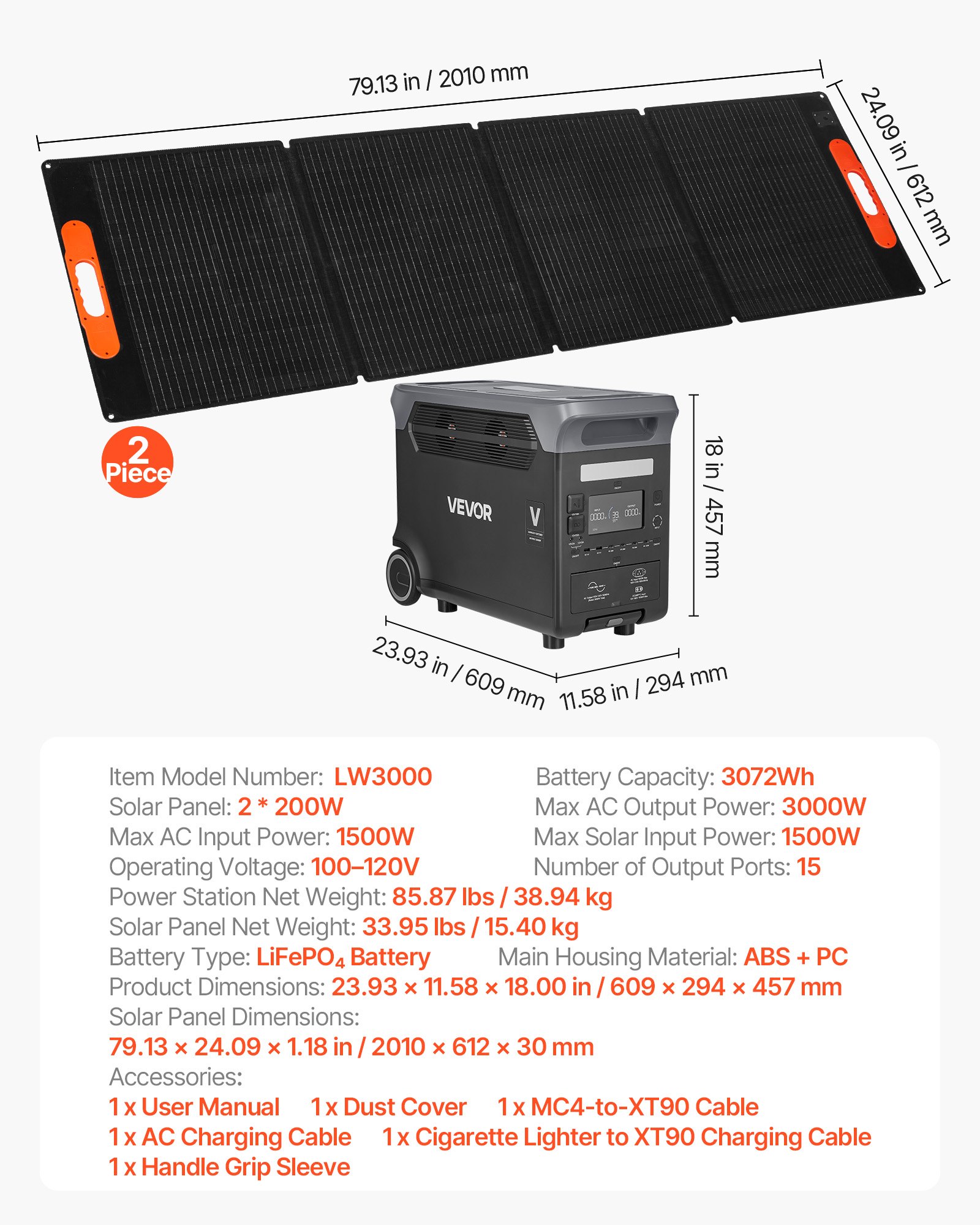 Portable Power Station With 2PCS 200W Solar Panels, 3000W Solar Generator Power Station, 3072Wh LiFePO4 Battery Backup With 15 Output Ports For For Home Emergency, Outdoor Camping, RV Travel