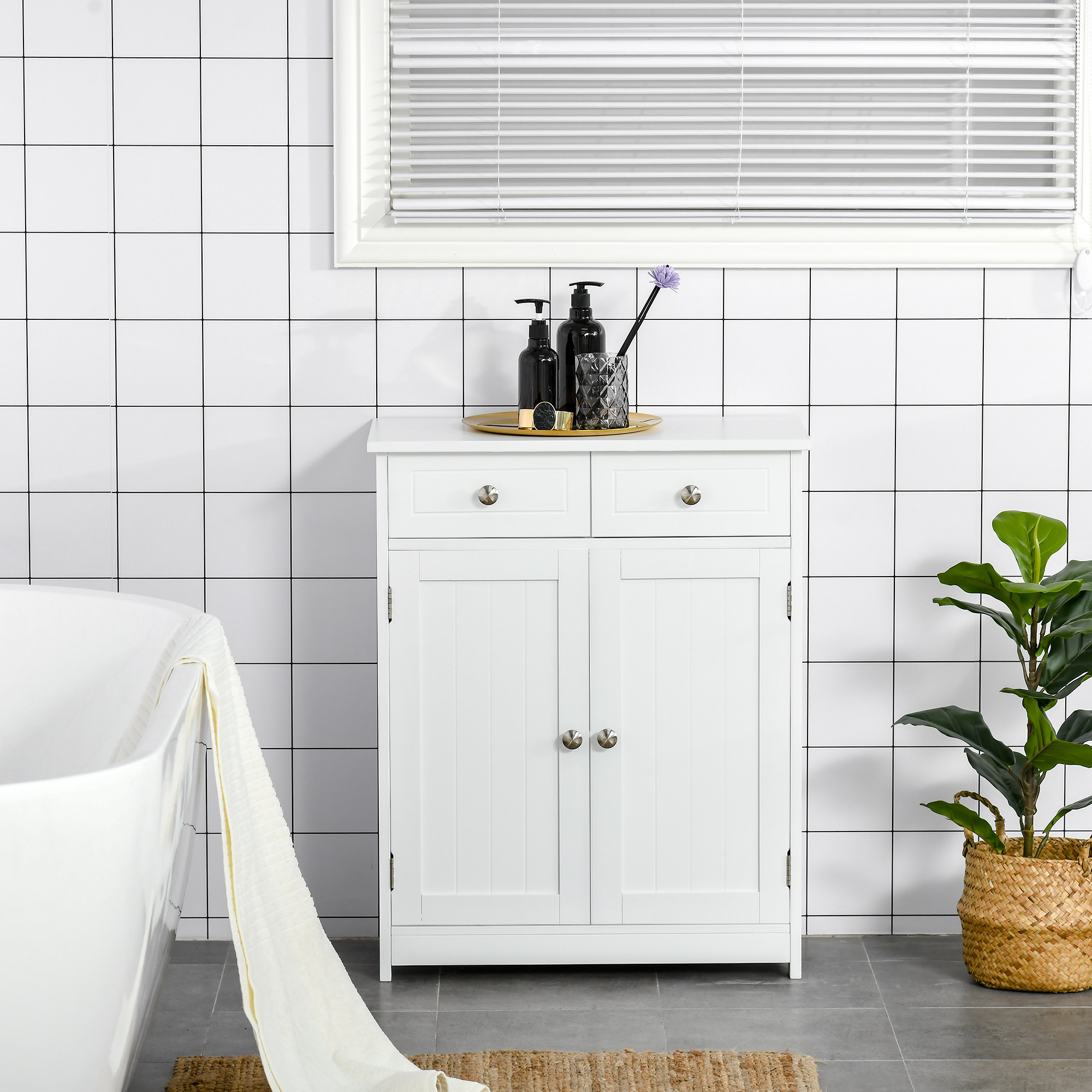 Gabinete de baño de pie de madera con 2 puertas, 2 cajones y estante ajustable, blanco