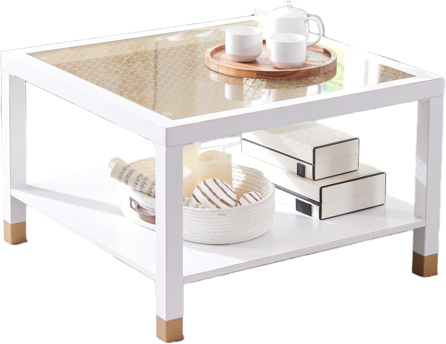 Modern Square Coffee Table - 27.6  Crisp White Metal Frame W Luxe Gold Glass Top