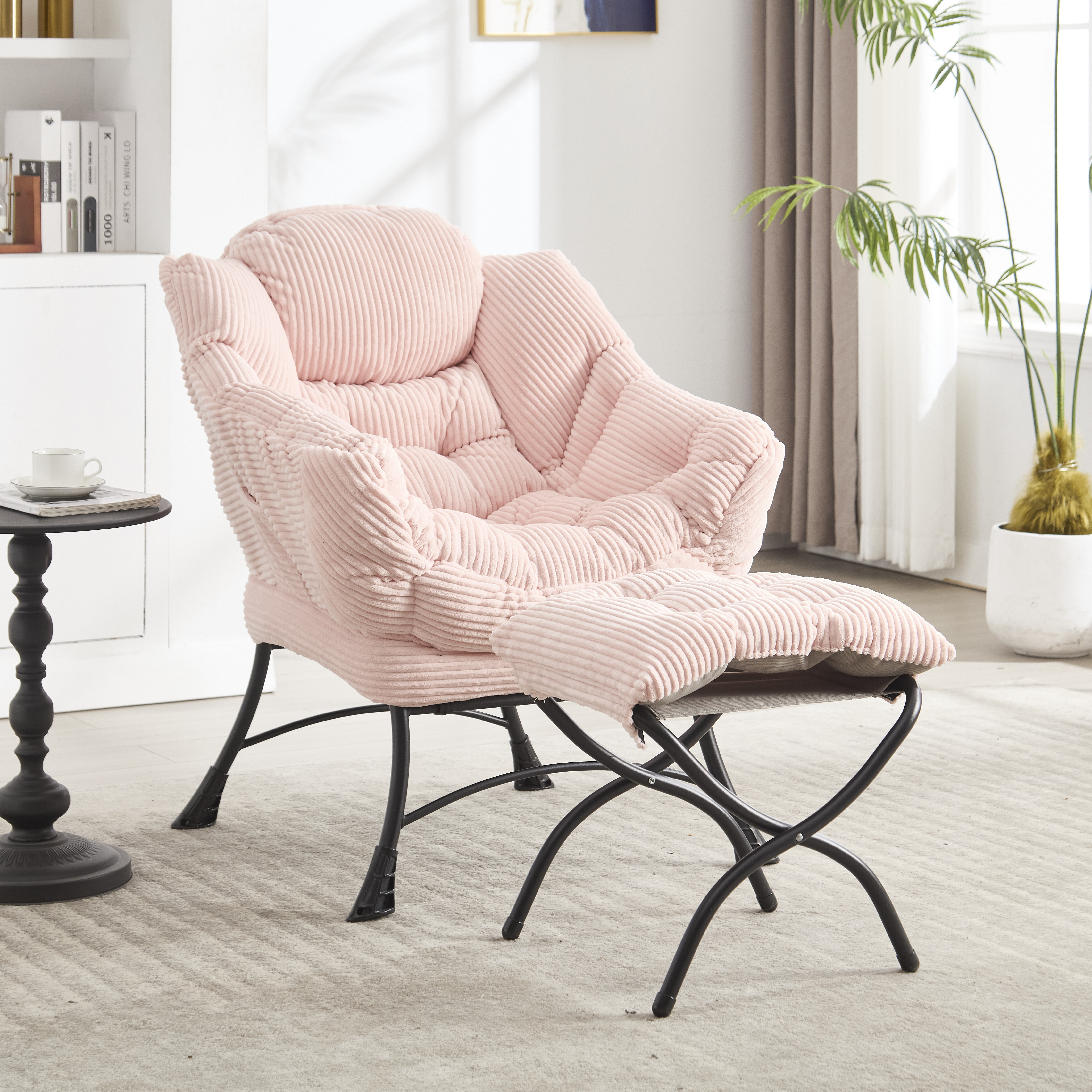 Sillón reclinable moderno con otomana, reposabrazos, bolsillo lateral, tapizado rosa