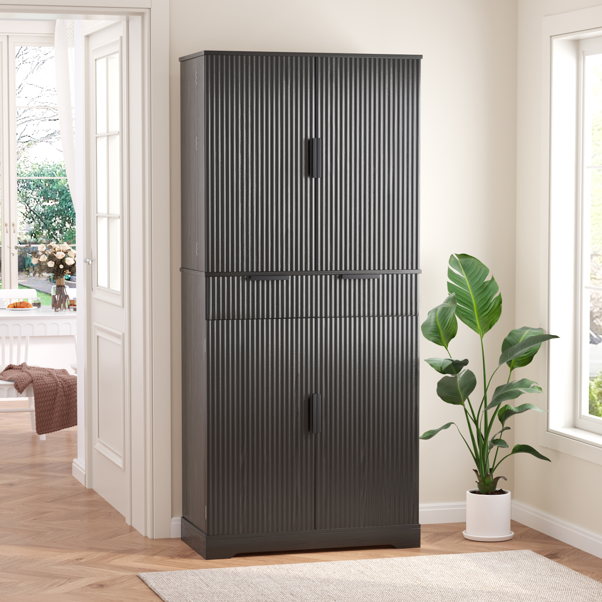 Gabinete de despensa de 72 pulgadas acanalado con 3 cajones y 6 estantes ajustables, negro