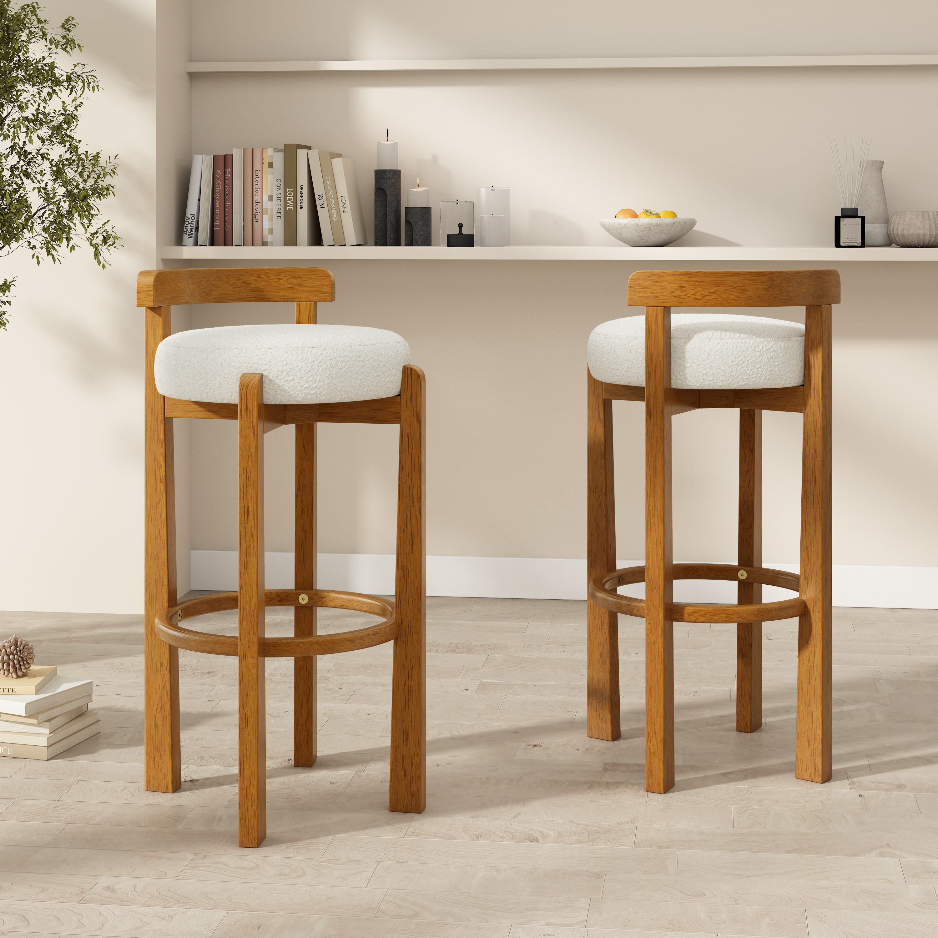 Elise Indoor Wooden Low Back Barstool  Walnut Finished And White Upholstery  Set Of 2