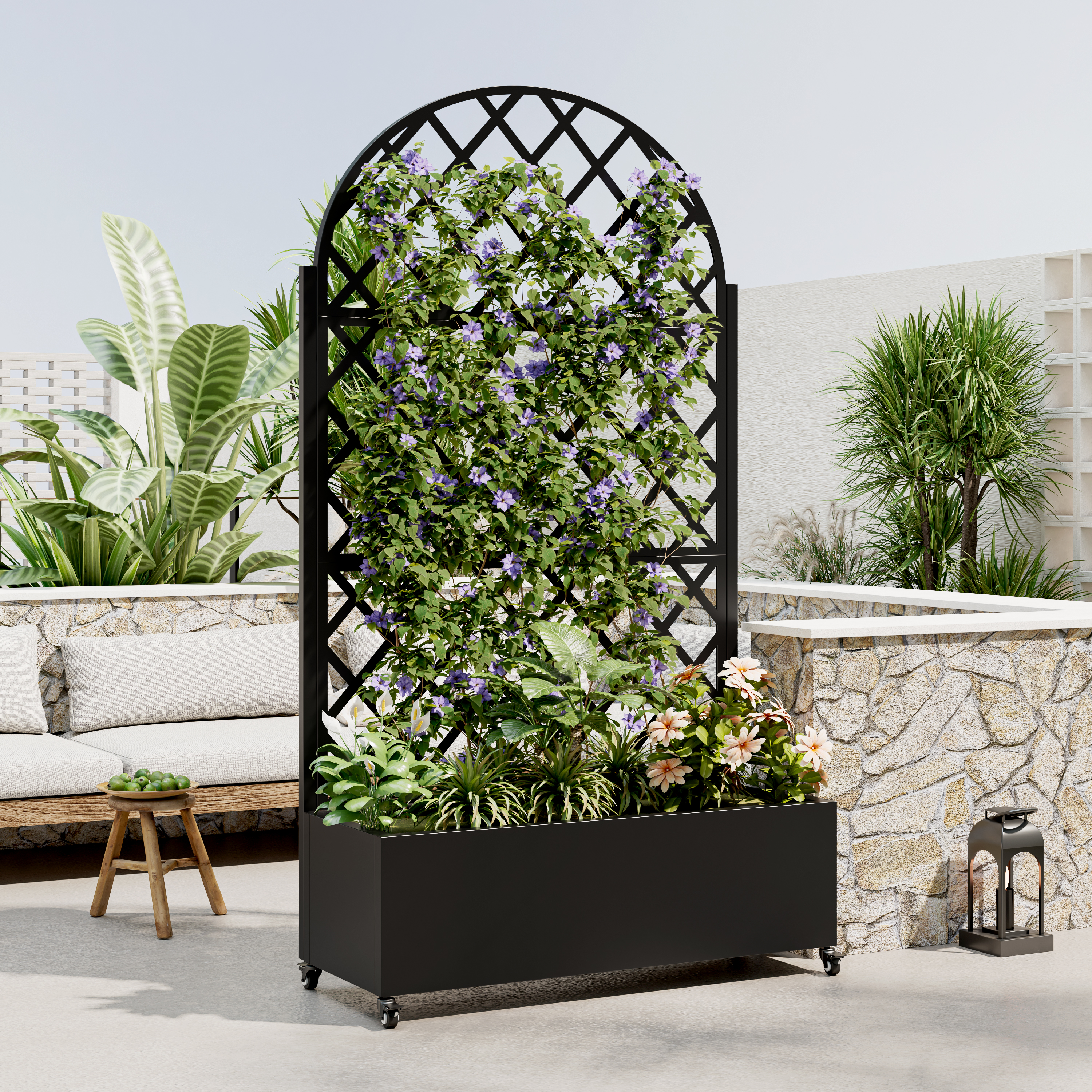 Round Metal Planter Box With Trellis, 73 X35 X16 Metal Raised Garden Bed With Trellis, Metal Planter Box With Drainage Holes & Lockable Wheels & Privacy Screen For Climbing Plants, Vegetables, Vines