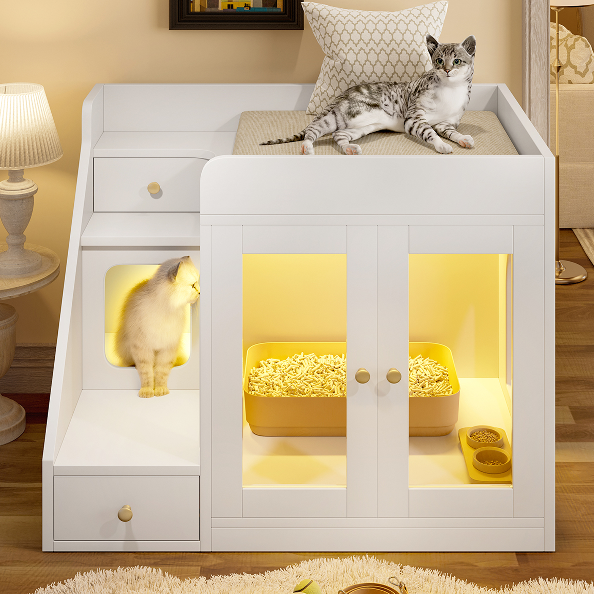 GO Mueble arenero para gatos con luz, 2 cajones de almacenamiento, blanco