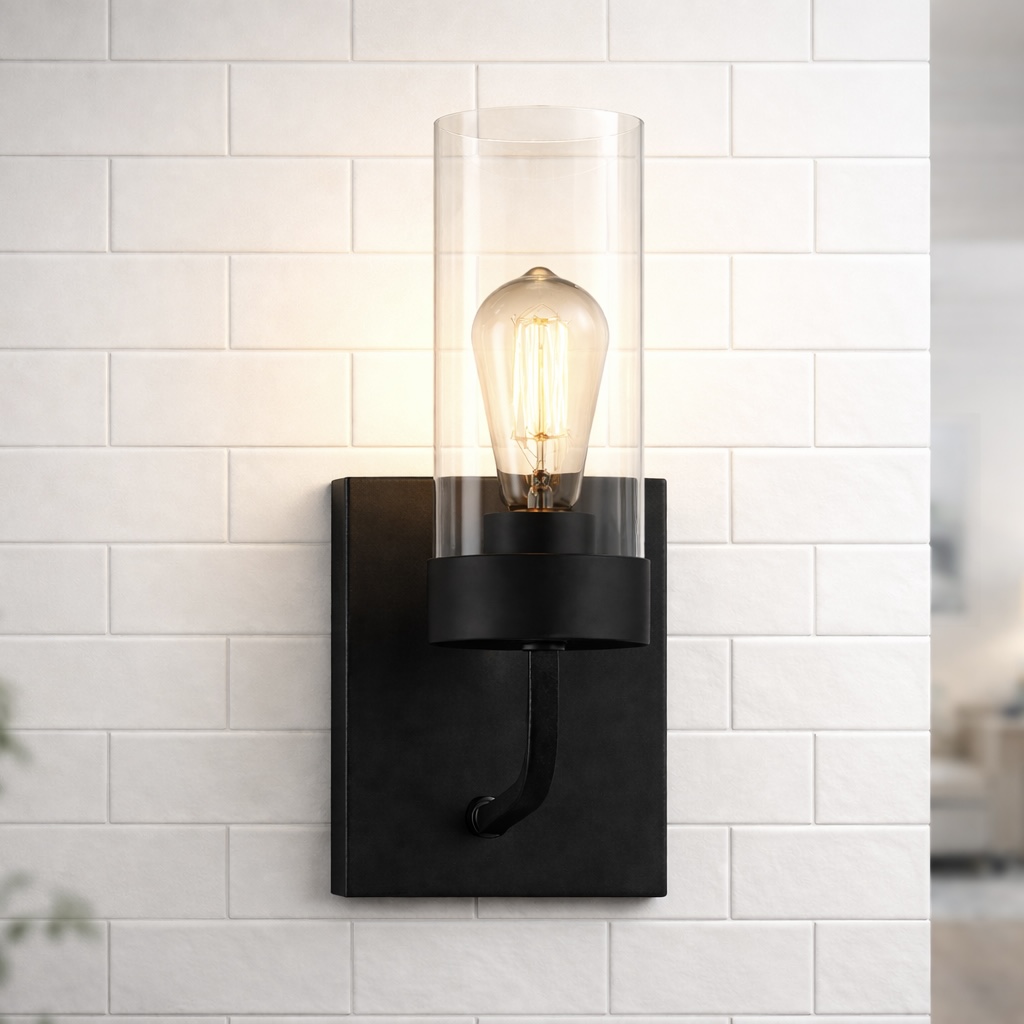 Aplique de pared Zephyr con vidrio transparente y acabado metálico negro.