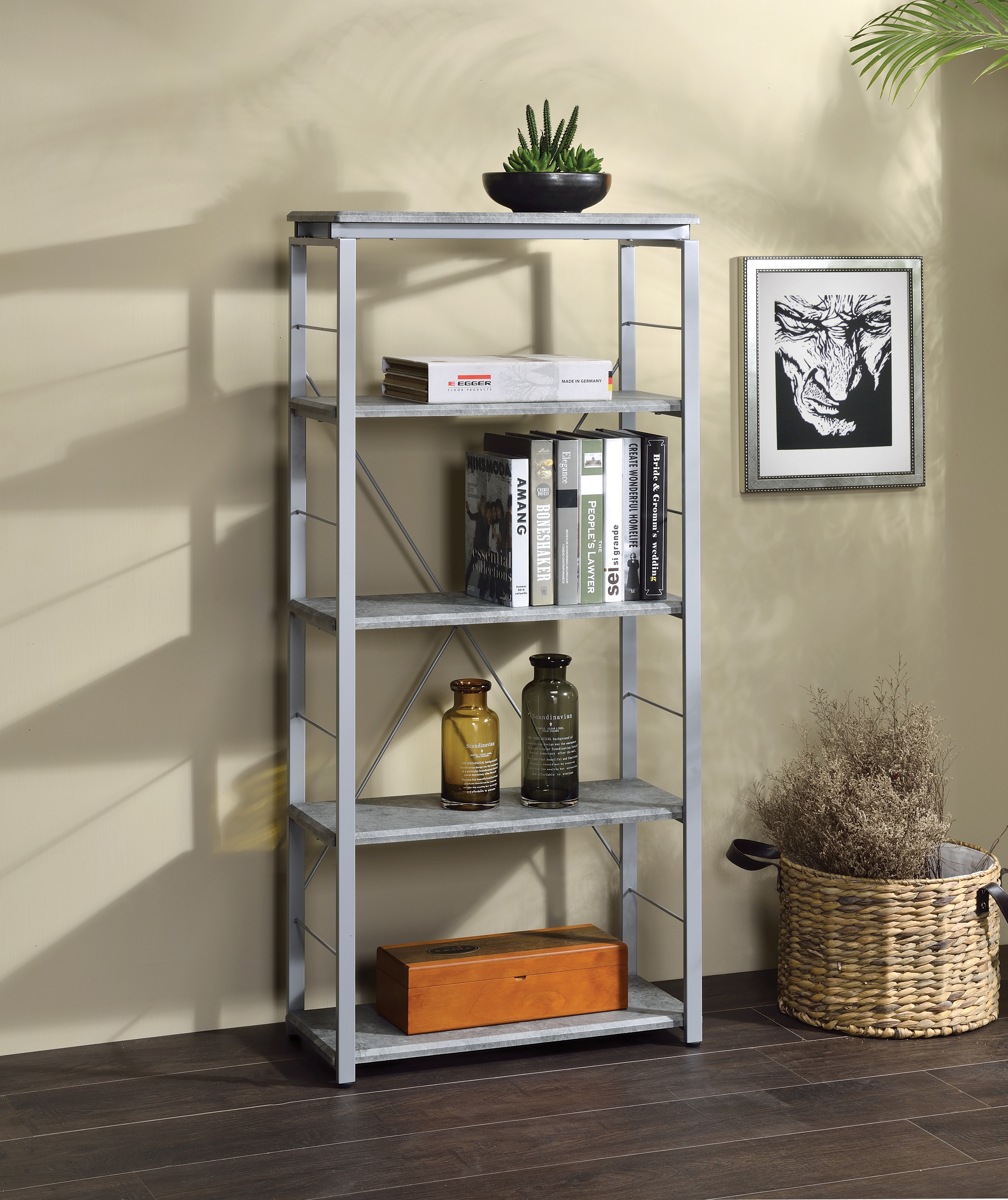 Jurgen Faux Concrete & Silver Finish Bookshelf