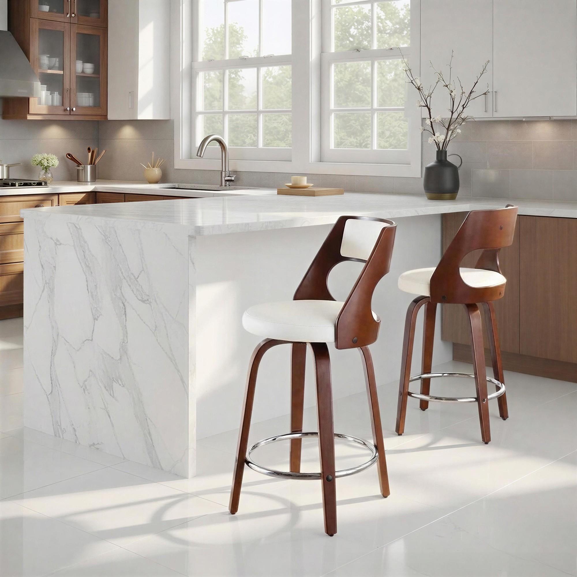 Mid-Century Modern Counter Stool With Swivel In Cherry And White Faux Leather - Set Of 2