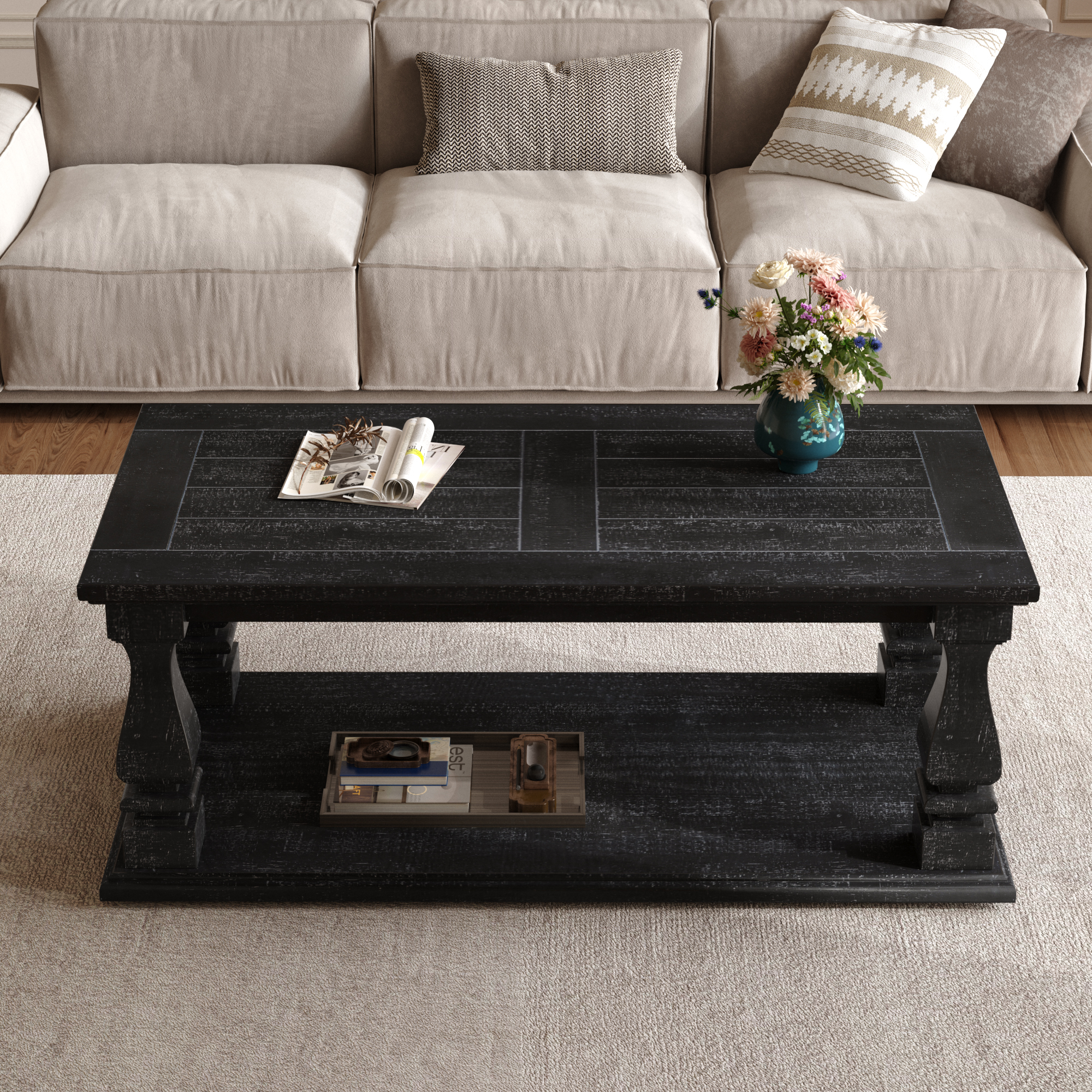 Mesa de centro rústica Farmhouse negra de 47.24 pulgadas con estante de almacenamiento