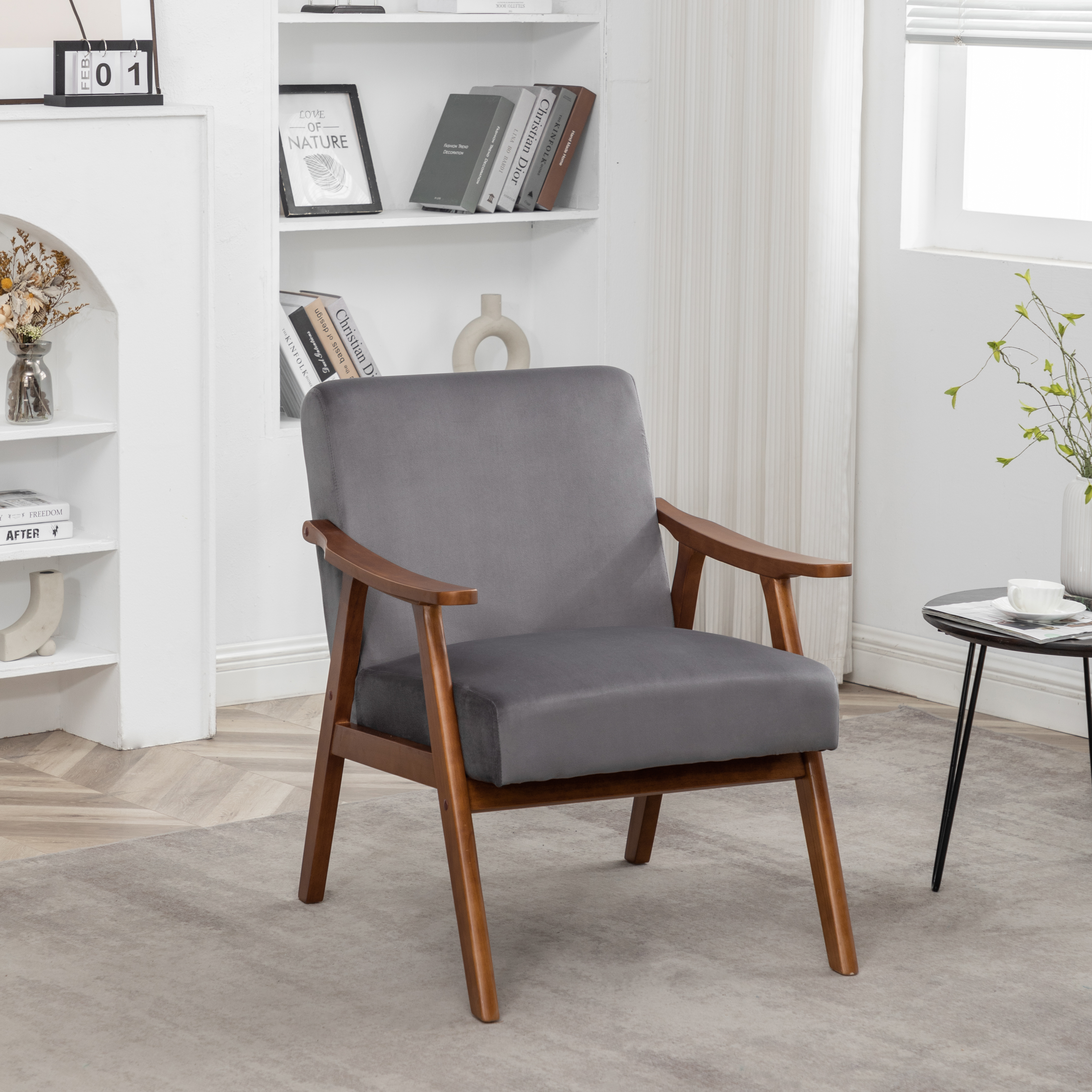 Accent Chair With Velvet Upholstery And Solid Wood Frame, Classic Mid-Century Modern Living Room Furniture For Extra Seating, Grey