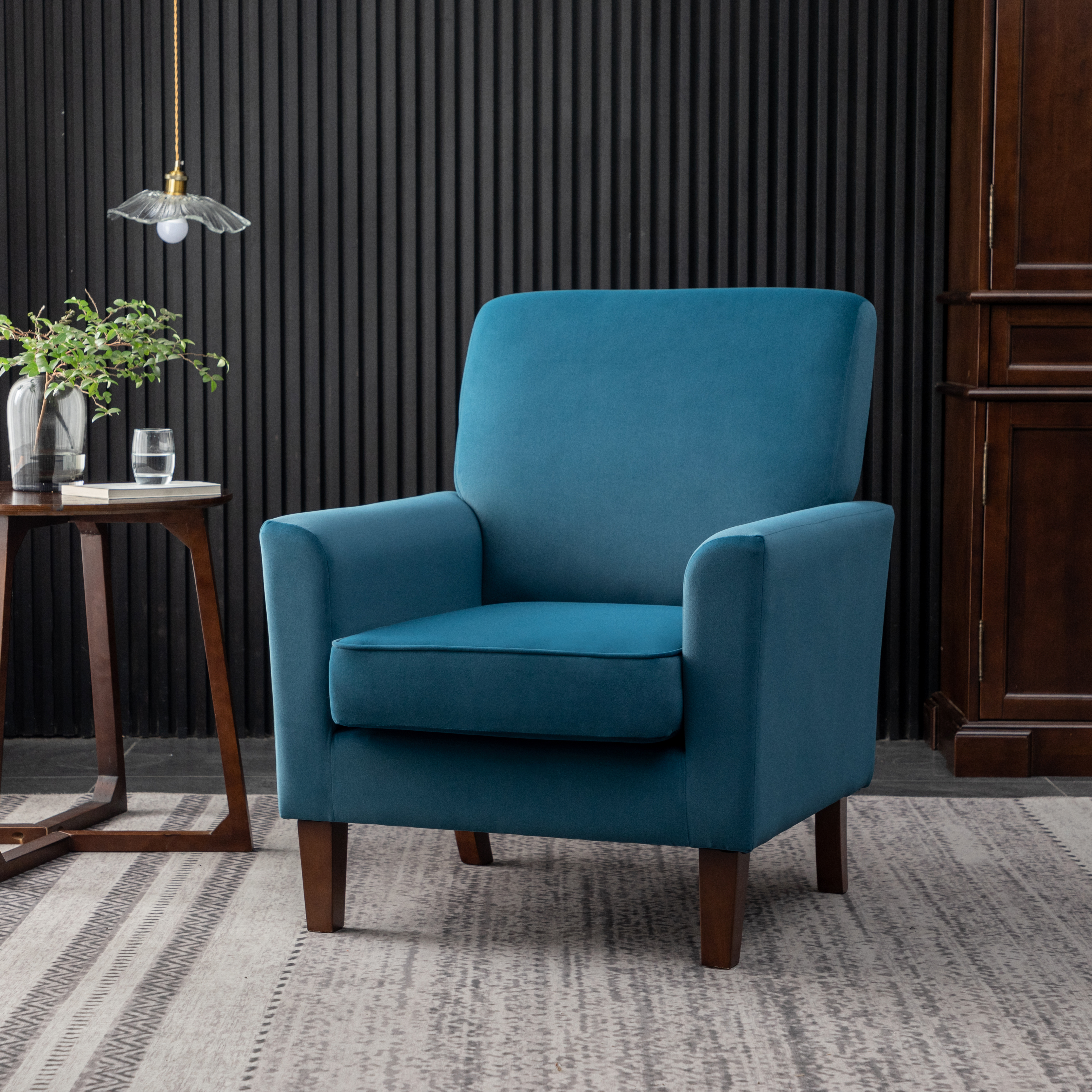Patterned Polyester Blend Armchair, Solid Birch Wood Frame With Brown Tapered Legs, Foam Padded Accent Chair With Trim Detail For Living Room Office