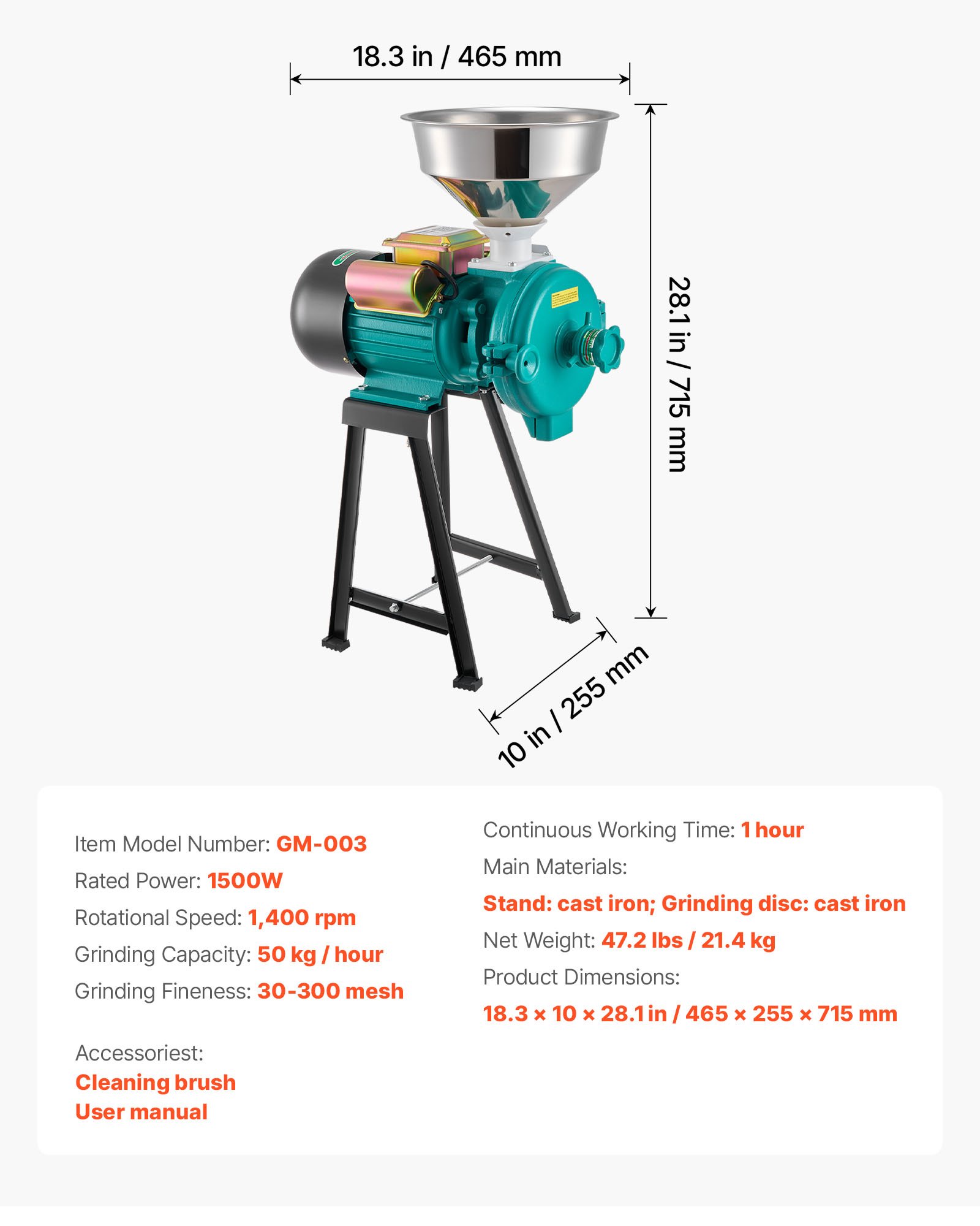 Electric Grain Mill Grinder, 110 Lbs/H Commercial Spice Grinders, 1500W Cast Iron Pulverizer Powder Machine With Non-Slip Rubber Feet, For Dry Grains, Spices, Cereals, Coffee, Corn & Pepper